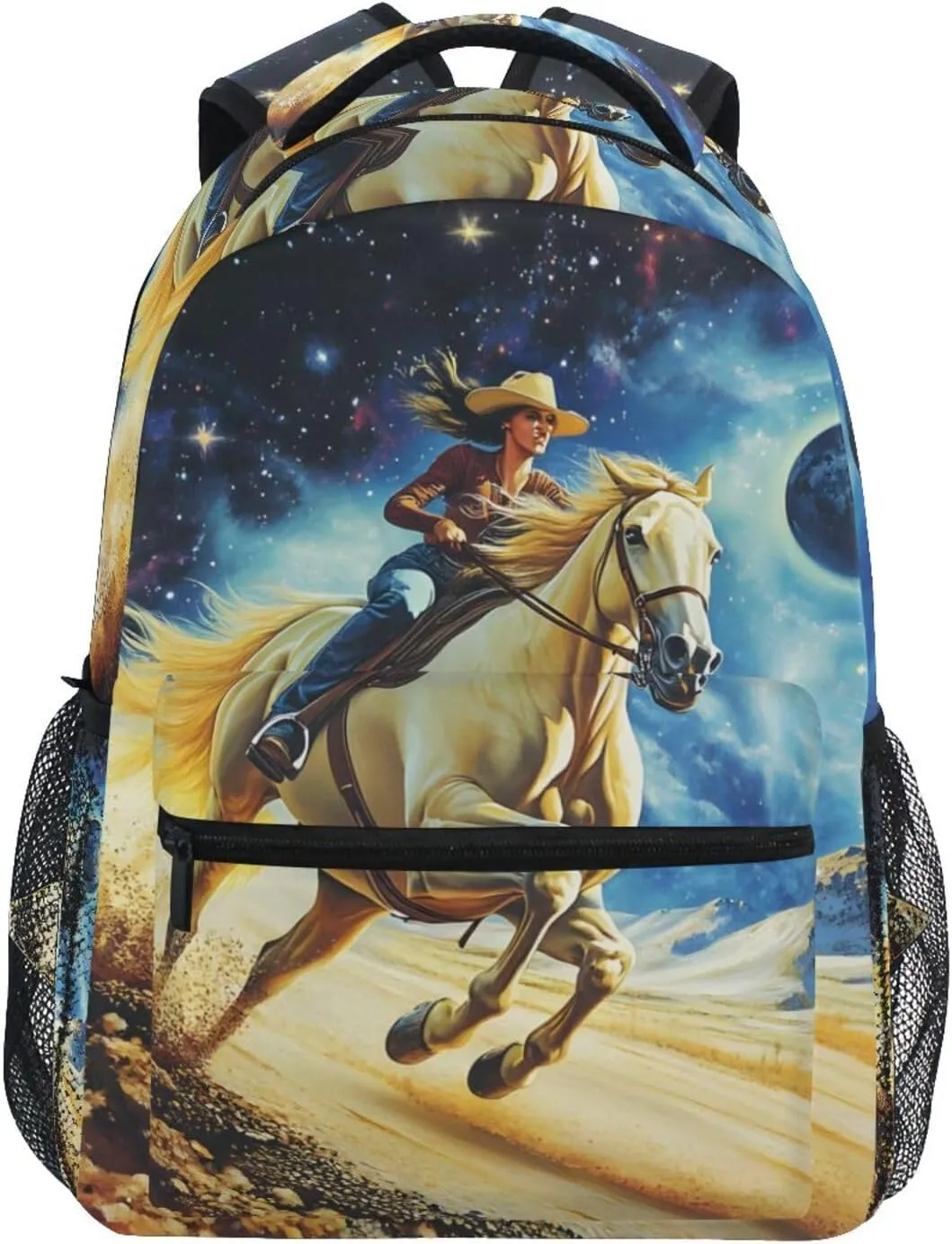 Cowgirl White Horse Universe Backpack 3rd 4th 5th Grade School Bookbag Travel Laptop Daypack Bag Purse for Boys Girls Teens