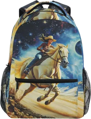 Cowgirl White Horse Universe Backpack 3rd 4th 5th Grade School Bookbag Travel Laptop Daypack Bag Purse for Boys Girls Teens