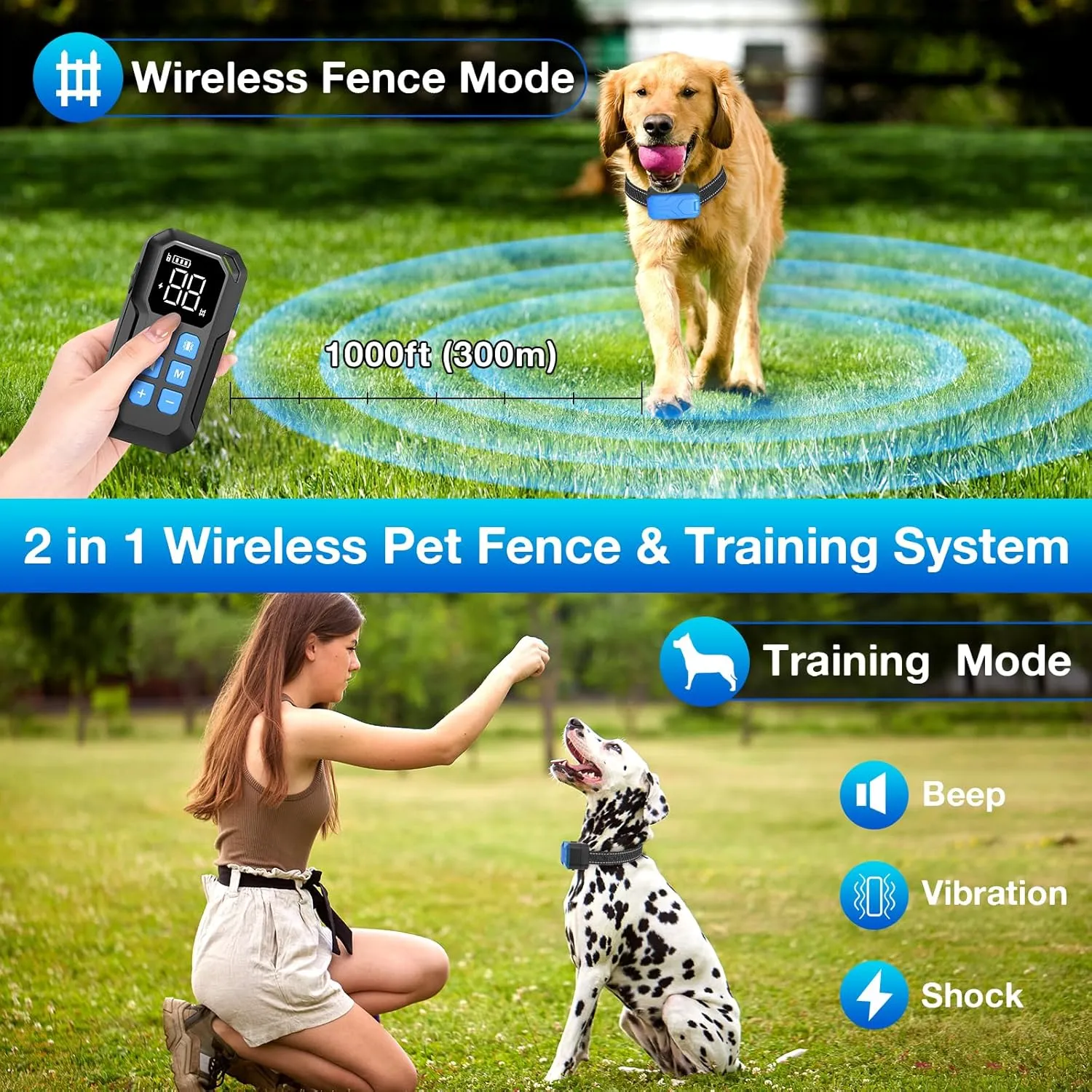 CPPSLEE Wireless Fence for Dogs, Electric Dog Fence, Electric Fence for Dogs, 2 in 1 Wireless Dog Fence System and with Waterproof Dog Training Collar Adjustable Range Up to 1000Ft