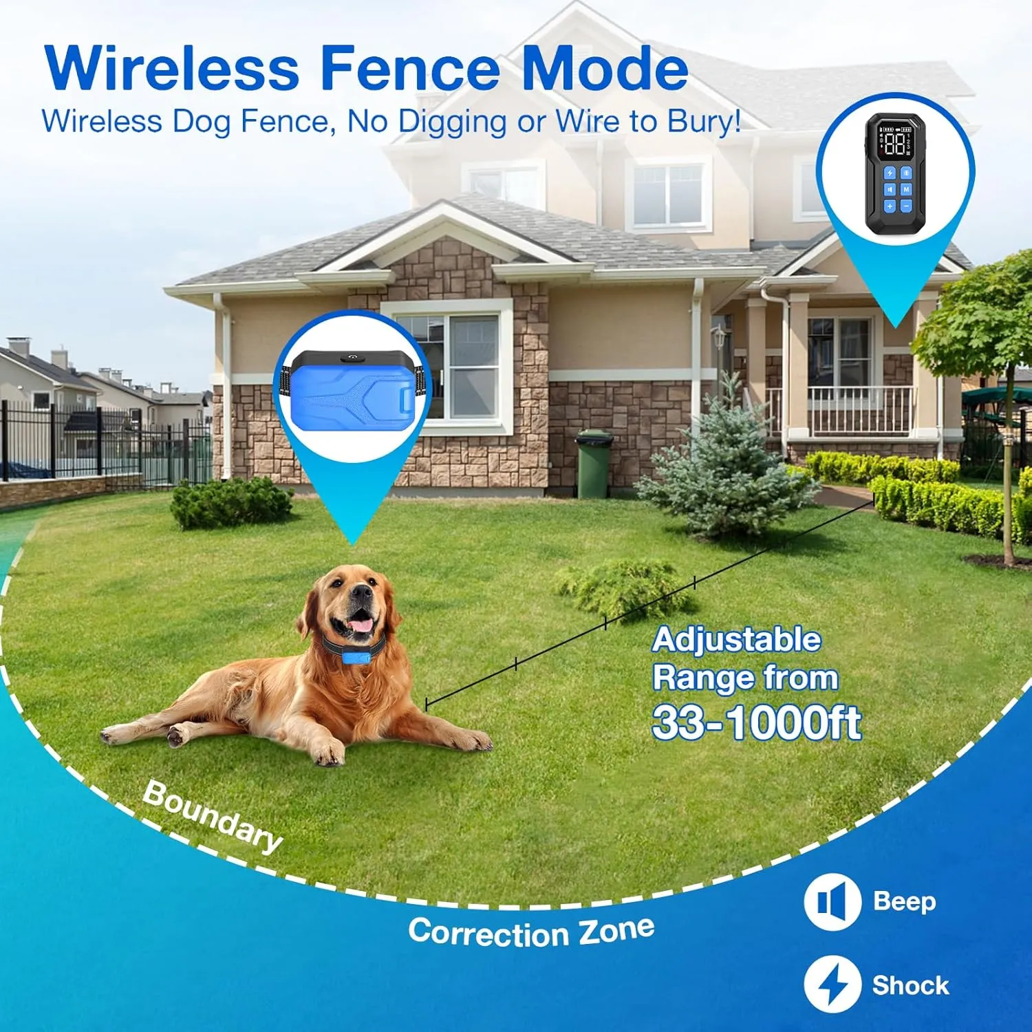 CPPSLEE Wireless Fence for Dogs, Electric Dog Fence, Electric Fence for Dogs, 2 in 1 Wireless Dog Fence System and with Waterproof Dog Training Collar Adjustable Range Up to 1000Ft