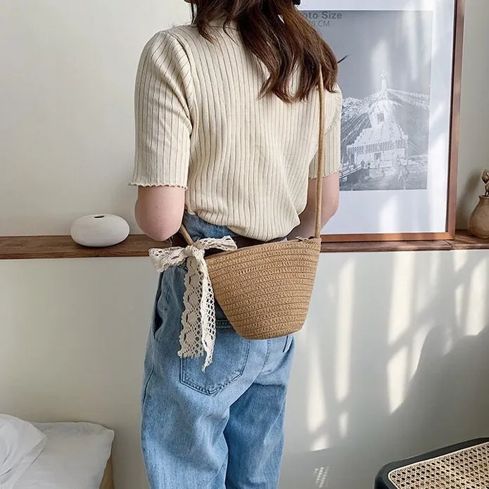 creamtopmall Minimalist Straw Bag, Crossbody Straw Bag, Small Tote Bag, Cute Market Canvas Bag for Women, Beach Summer Handwoven Travel Bag, Basket Bag