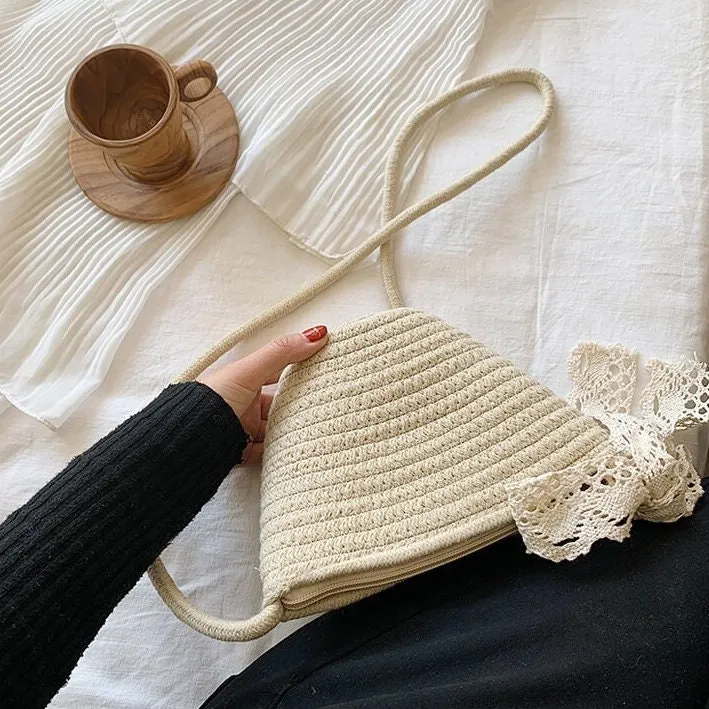 creamtopmall Minimalist Straw Bag, Crossbody Straw Bag, Small Tote Bag, Cute Market Canvas Bag for Women, Beach Summer Handwoven Travel Bag, Basket Bag