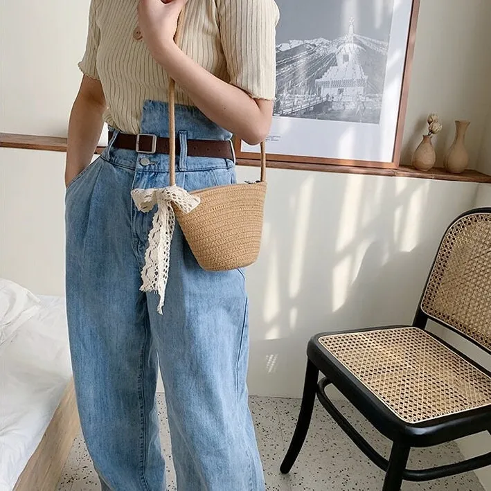 creamtopmall Minimalist Straw Bag, Crossbody Straw Bag, Small Tote Bag, Cute Market Canvas Bag for Women, Beach Summer Handwoven Travel Bag, Basket Bag