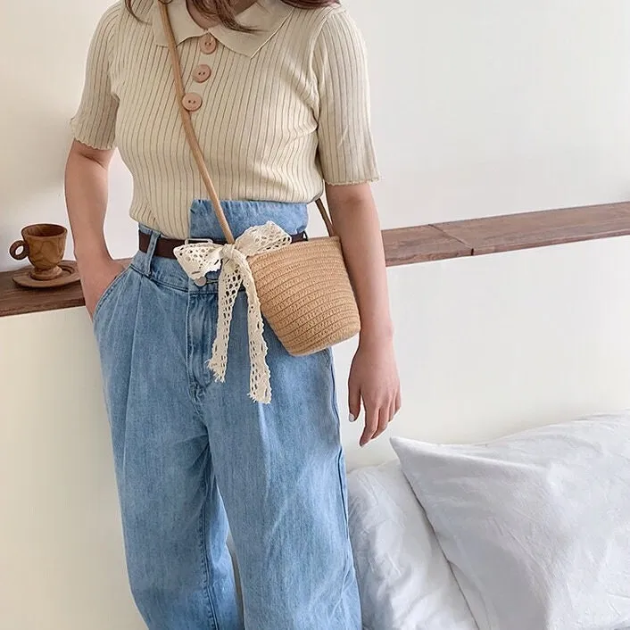 creamtopmall Minimalist Straw Bag, Crossbody Straw Bag, Small Tote Bag, Cute Market Canvas Bag for Women, Beach Summer Handwoven Travel Bag, Basket Bag