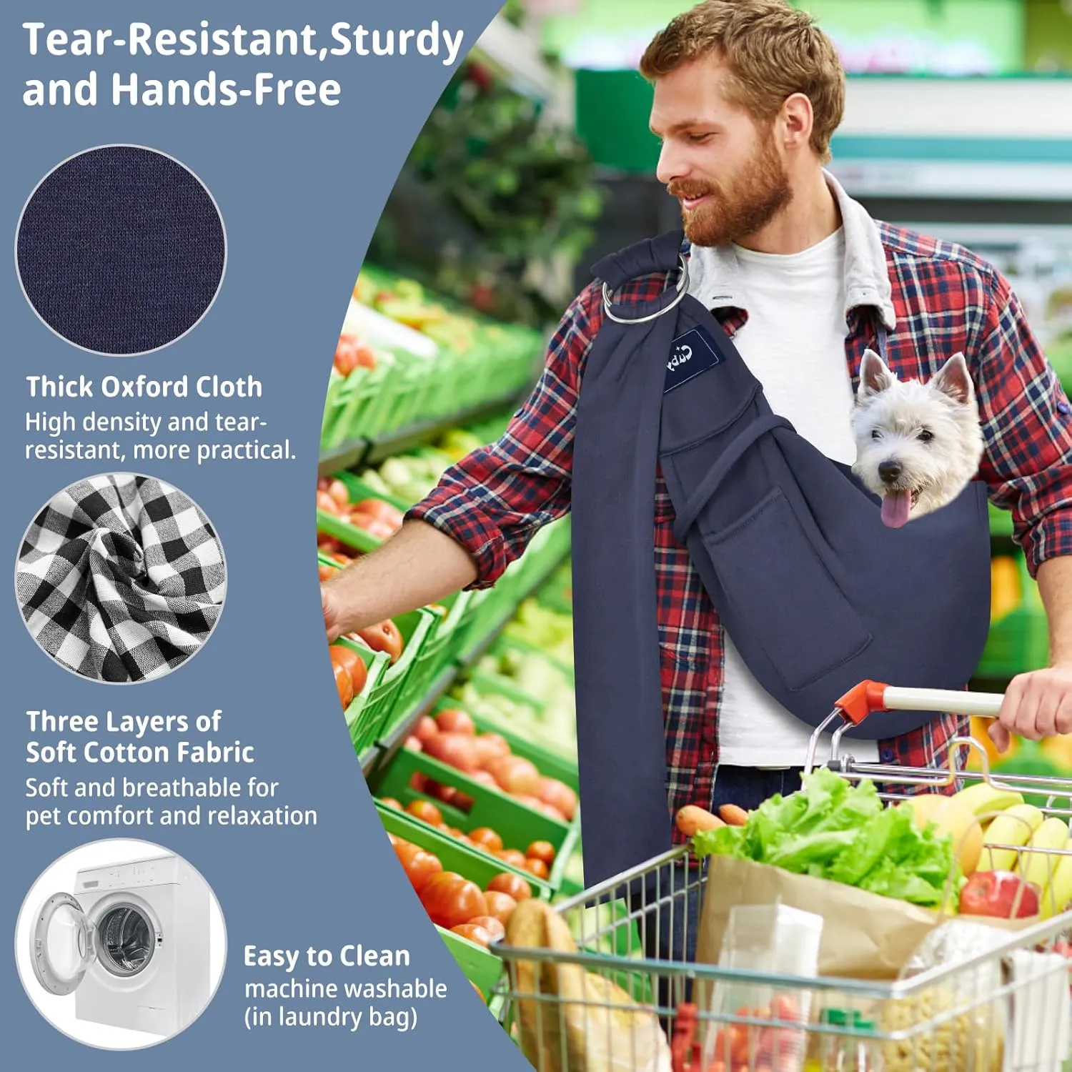 CUBY Dog and Cat Sling Carrier - Hands Free Reversible Pet Papoose Bag - Soft Pouch and Tote Design - Suitable for Puppy, Small Dogs Cats Outdoor (Blue, Adjust Strap 1.0)