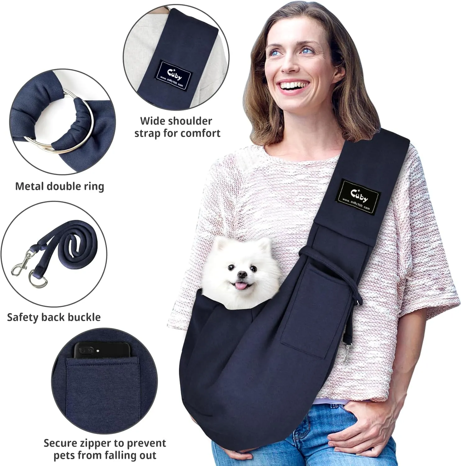 CUBY Dog and Cat Sling Carrier - Hands Free Reversible Pet Papoose Bag - Soft Pouch and Tote Design - Suitable for Puppy, Small Dogs Cats Outdoor (Blue, Adjust Strap 1.0)