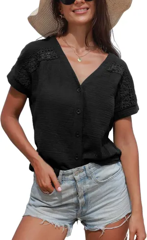 CUPSHE Women Summe Tops V Neck Blouses Short Sleeves Lace Shirt Button Front Tee Work Vacation Outfits