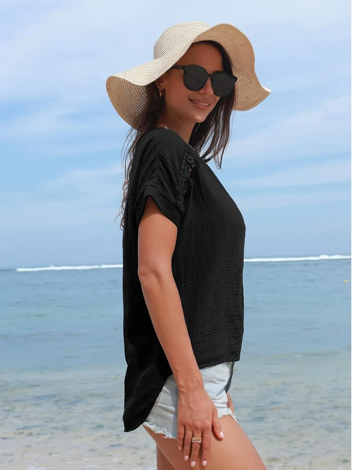 CUPSHE Women Summe Tops V Neck Blouses Short Sleeves Lace Shirt Button Front Tee Work Vacation Outfits
