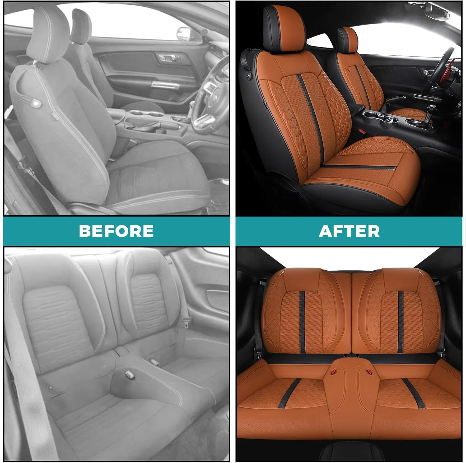 Custom Fit Car Seat Covers for Ford Mustang Fastback/Mach 1/ Coupe (Not for Recaro) 2015 2016 2017 2018 2019 2020 2021 2022 2023, Waterproof Faux Leather Seat Covers BlackBrown