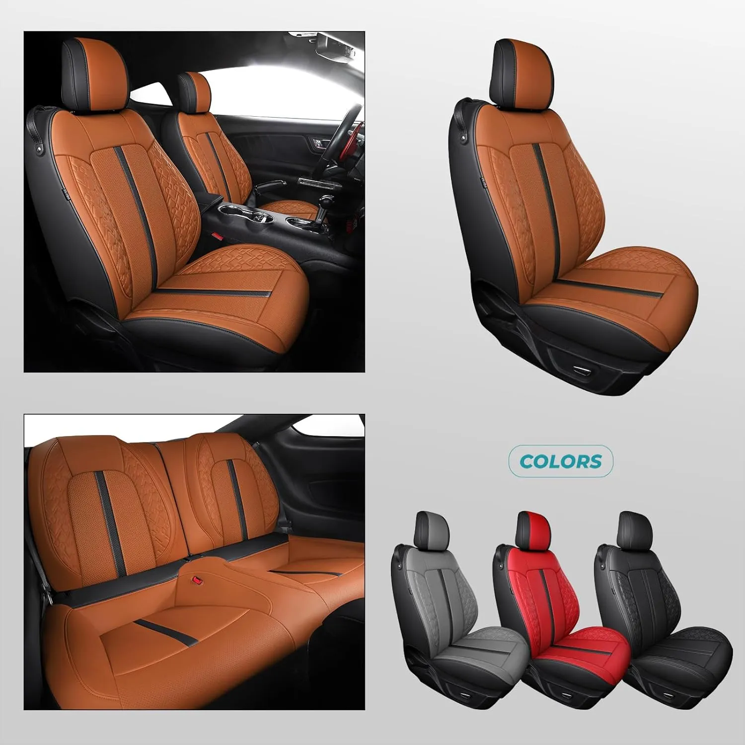 Custom Fit Car Seat Covers for Ford Mustang Fastback/Mach 1/ Coupe (Not for Recaro) 2015 2016 2017 2018 2019 2020 2021 2022 2023, Waterproof Faux Leather Seat Covers BlackBrown