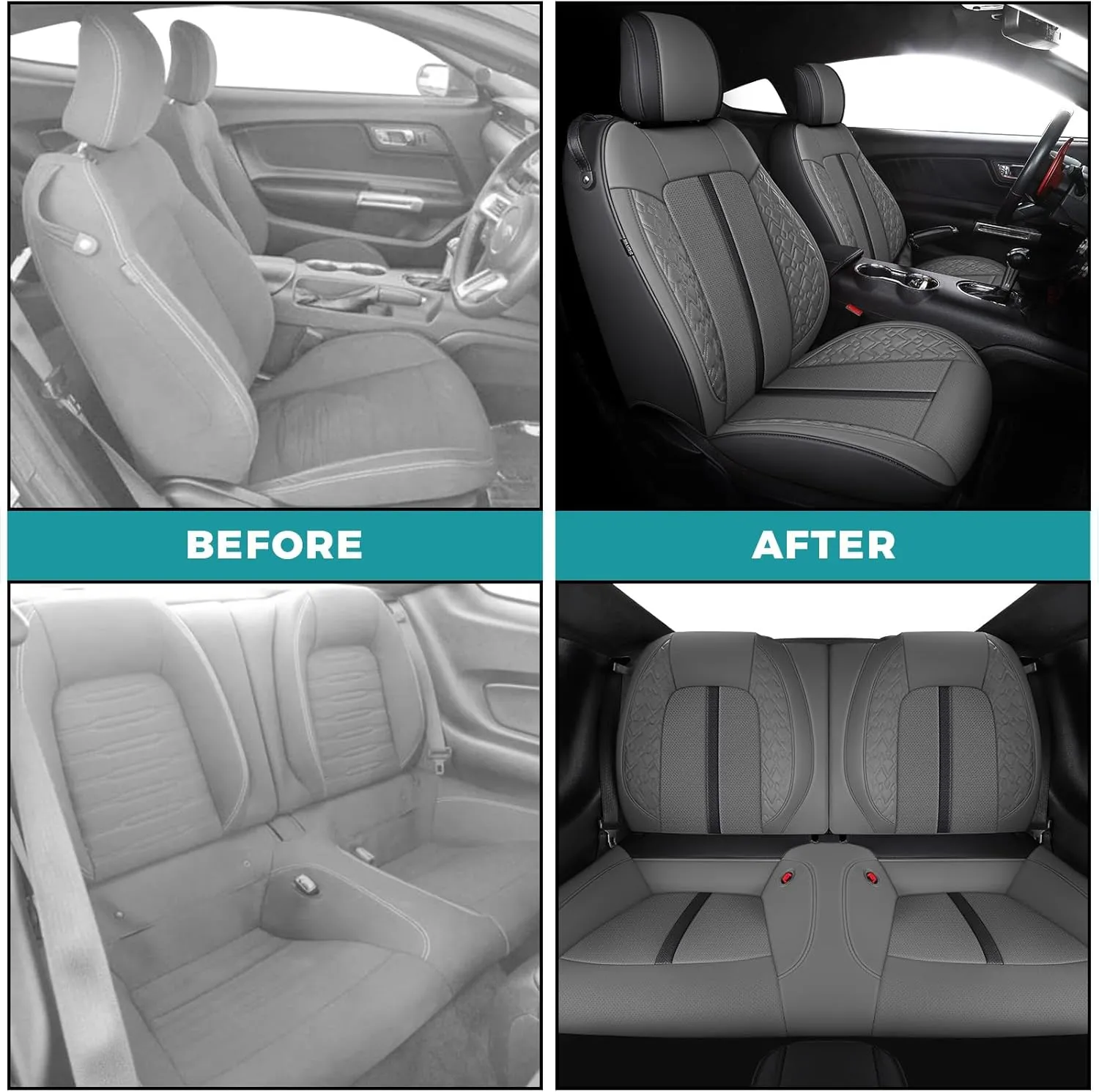 Custom Fit Car Seat Covers for Ford Mustang Fastback/Mach 1/ Coupe (Not for Recaro) 2015 2016 2017 2018 2019 2020 2021 2022 2023, Waterproof Faux Leather Seat Covers BlackGrey