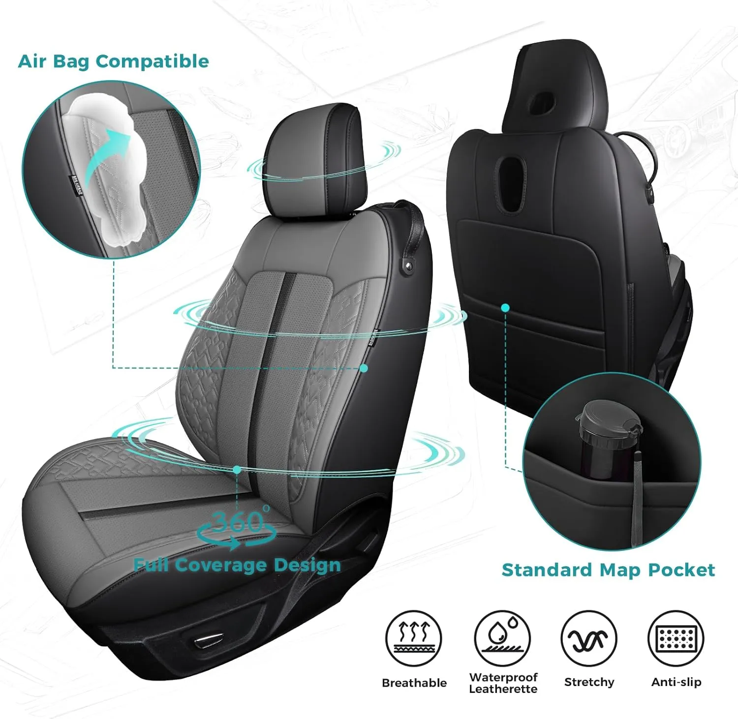 Custom Fit Car Seat Covers for Ford Mustang Fastback/Mach 1/ Coupe (Not for Recaro) 2015 2016 2017 2018 2019 2020 2021 2022 2023, Waterproof Faux Leather Seat Covers BlackGrey