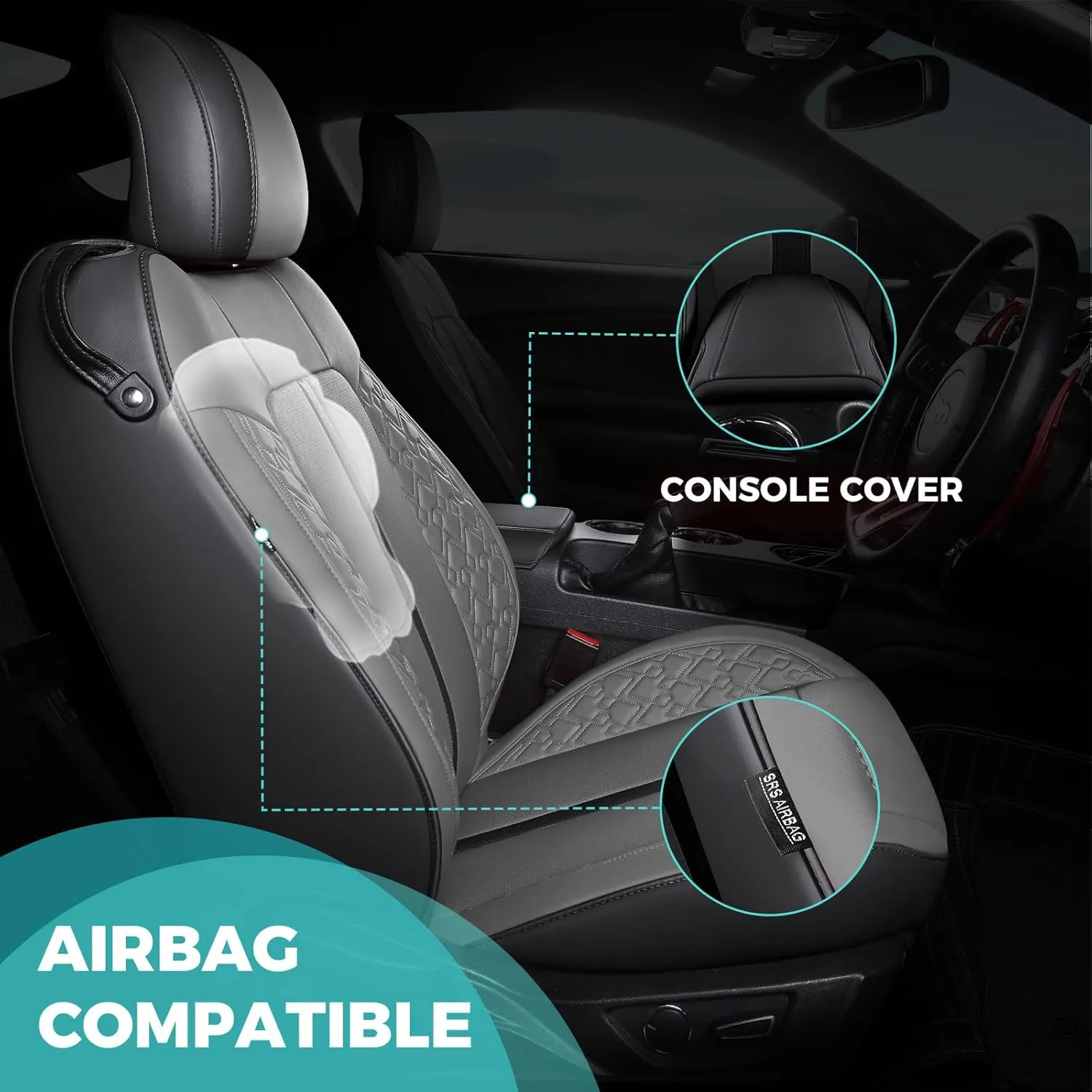Custom Fit Car Seat Covers for Ford Mustang Fastback/Mach 1/ Coupe (Not for Recaro) 2015 2016 2017 2018 2019 2020 2021 2022 2023, Waterproof Faux Leather Seat Covers BlackGrey