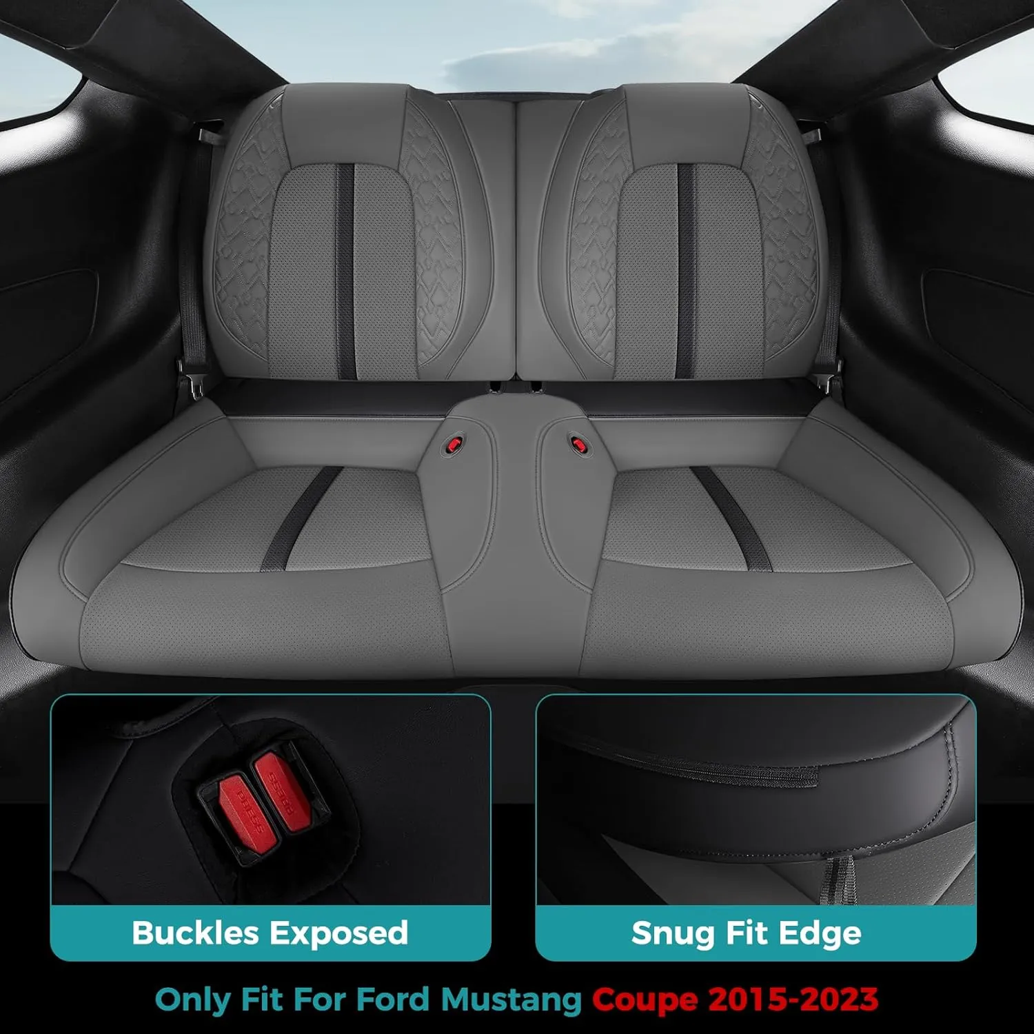 Custom Fit Car Seat Covers for Ford Mustang Fastback/Mach 1/ Coupe (Not for Recaro) 2015 2016 2017 2018 2019 2020 2021 2022 2023, Waterproof Faux Leather Seat Covers BlackGrey