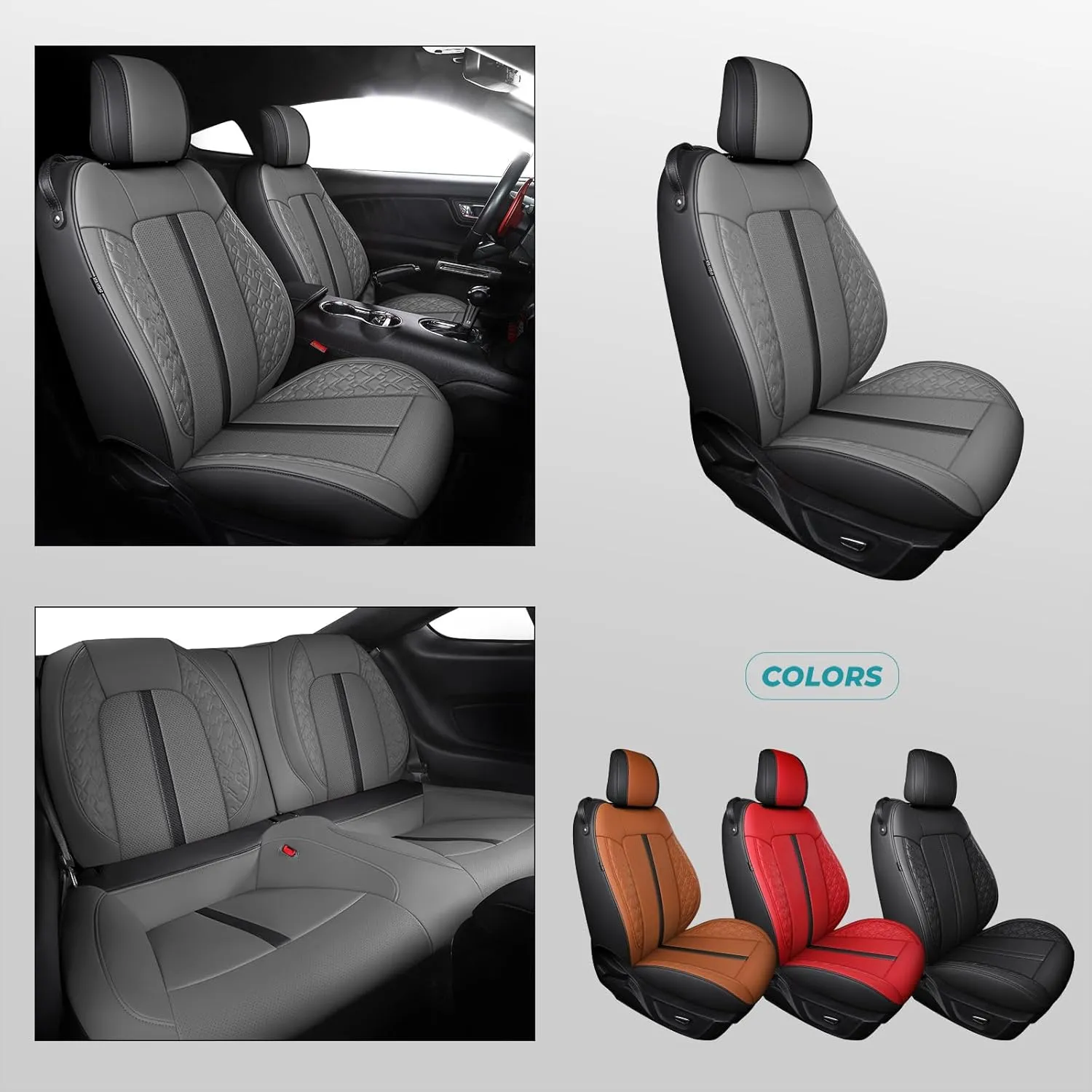 Custom Fit Car Seat Covers for Ford Mustang Fastback/Mach 1/ Coupe (Not for Recaro) 2015 2016 2017 2018 2019 2020 2021 2022 2023, Waterproof Faux Leather Seat Covers BlackGrey