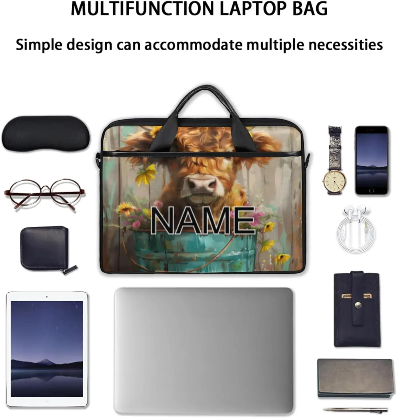 Custom Laptop Bag with Name Personalized 15 Inch Shoulder Computer Bag
