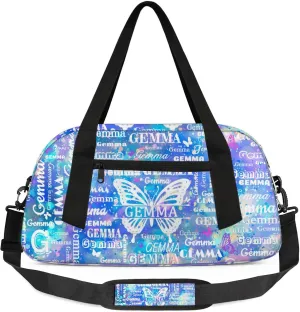 Custom Sport Duffel Bag with Name Butterfly Travel Overnight Bag for Women Men Waterproof Dance Ballet Bag Lightweight 18.5in, Blue