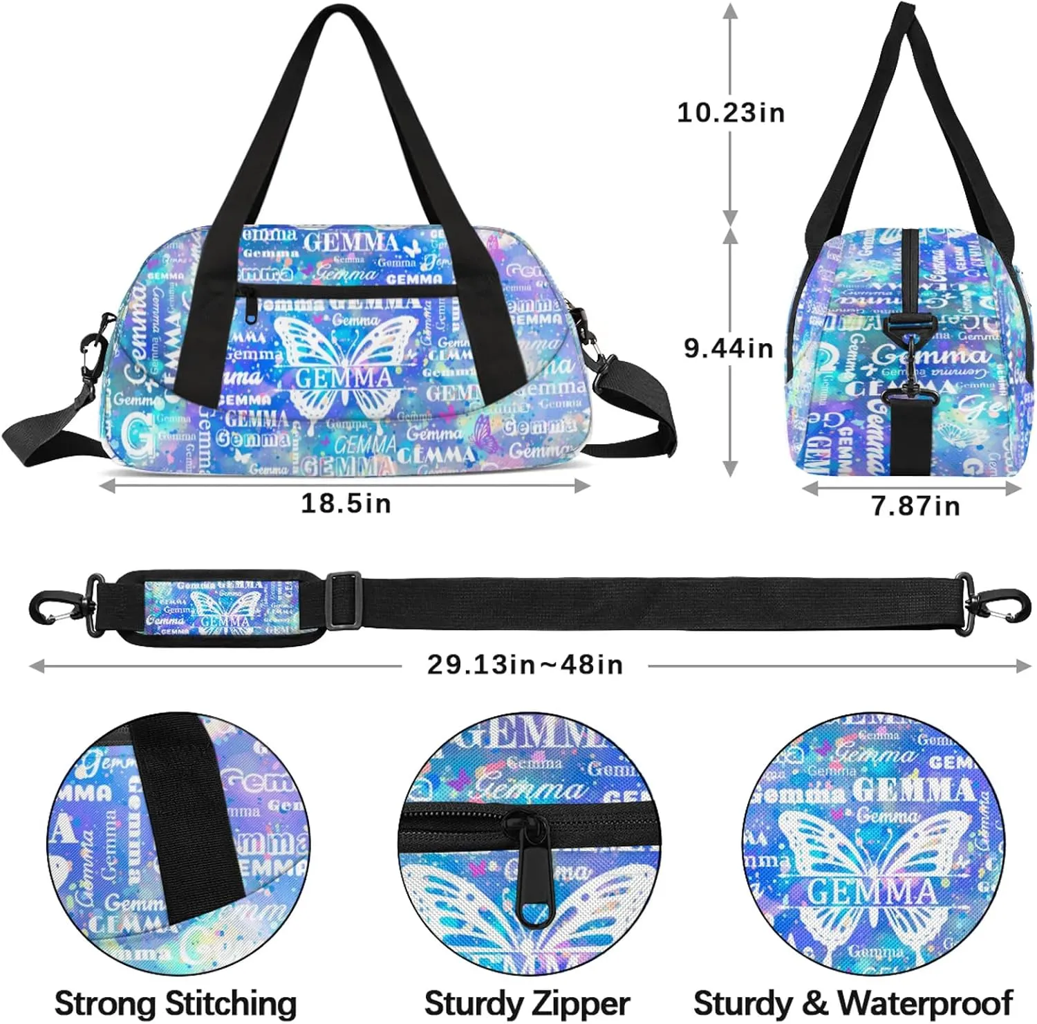 Custom Sport Duffel Bag with Name Butterfly Travel Overnight Bag for Women Men Waterproof Dance Ballet Bag Lightweight 18.5in, Blue