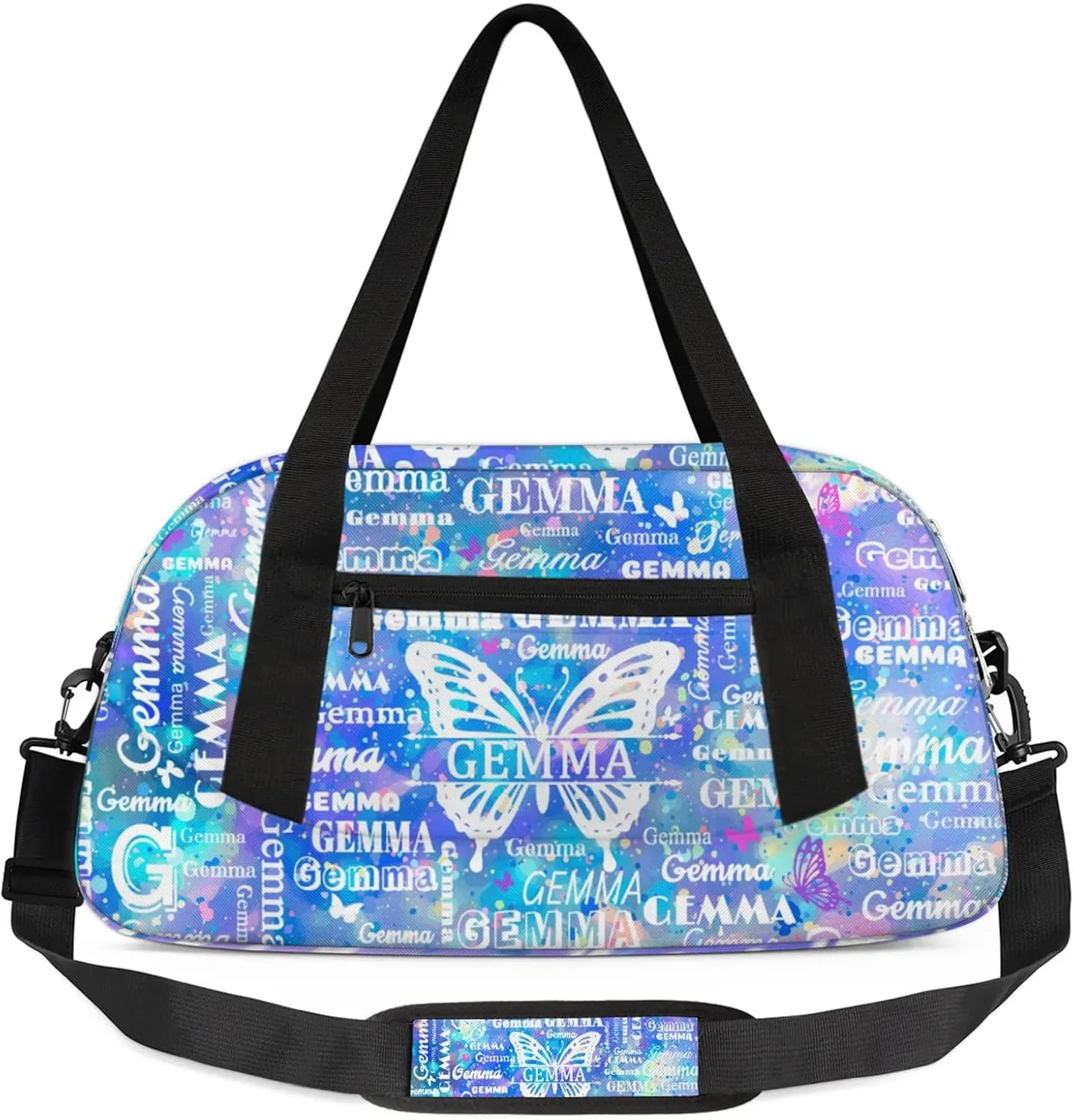 Custom Sport Duffel Bag with Name Butterfly Travel Overnight Bag for Women Men Waterproof Dance Ballet Bag Lightweight 18.5in, Blue