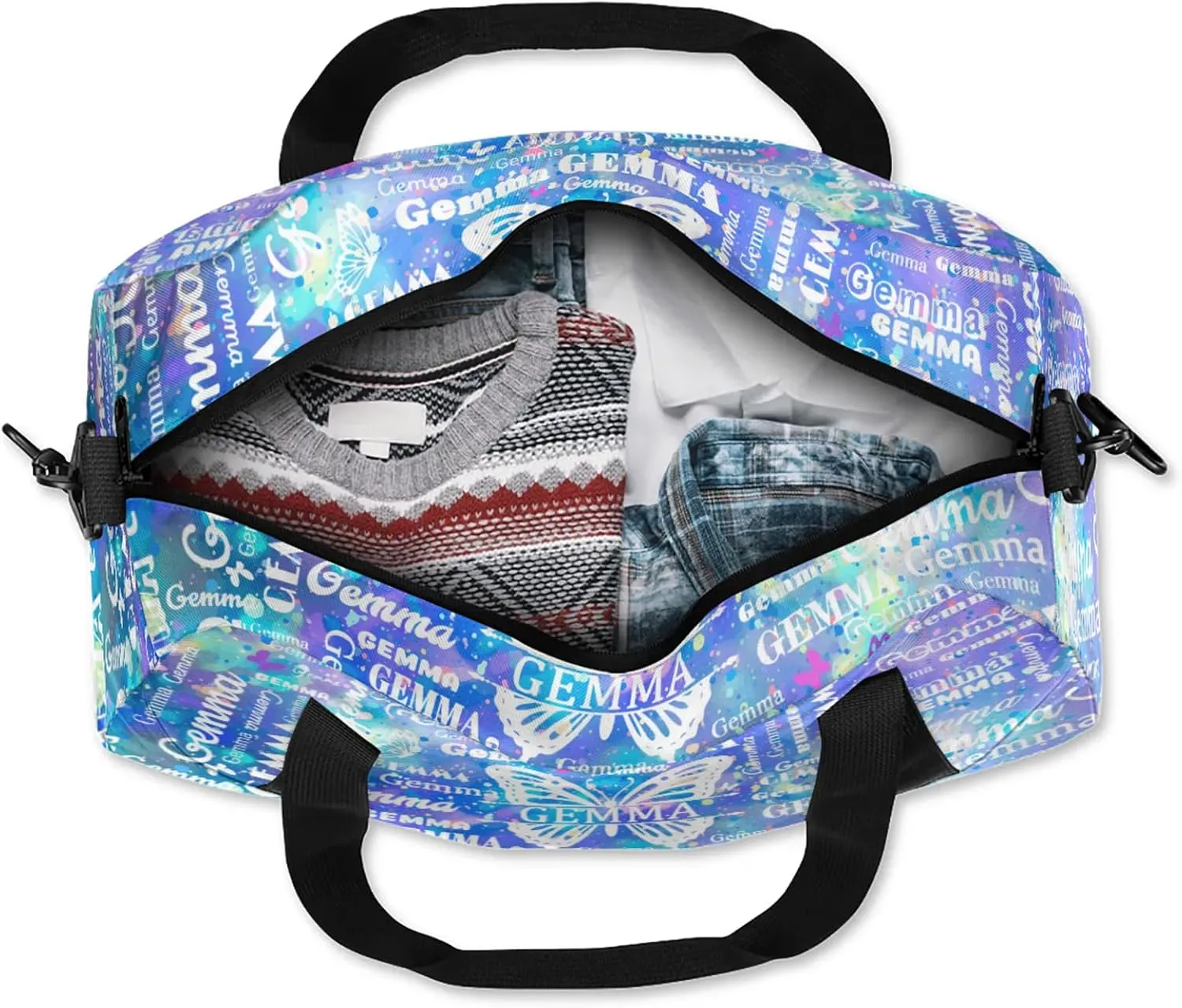 Custom Sport Duffel Bag with Name Butterfly Travel Overnight Bag for Women Men Waterproof Dance Ballet Bag Lightweight 18.5in, Blue