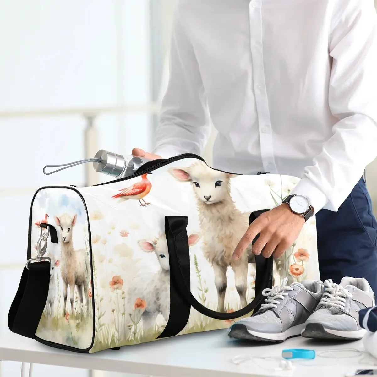 Cute Sheep Lamb Travel Duffel Bag for Women Men Waterproof Foldable Overnight Weekender Bag Large Capacity Sports Gym Bag