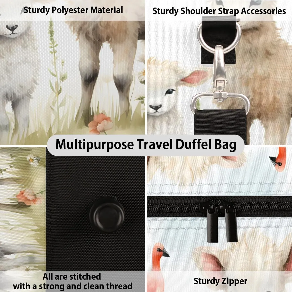 Cute Sheep Lamb Travel Duffel Bag for Women Men Waterproof Foldable Overnight Weekender Bag Large Capacity Sports Gym Bag