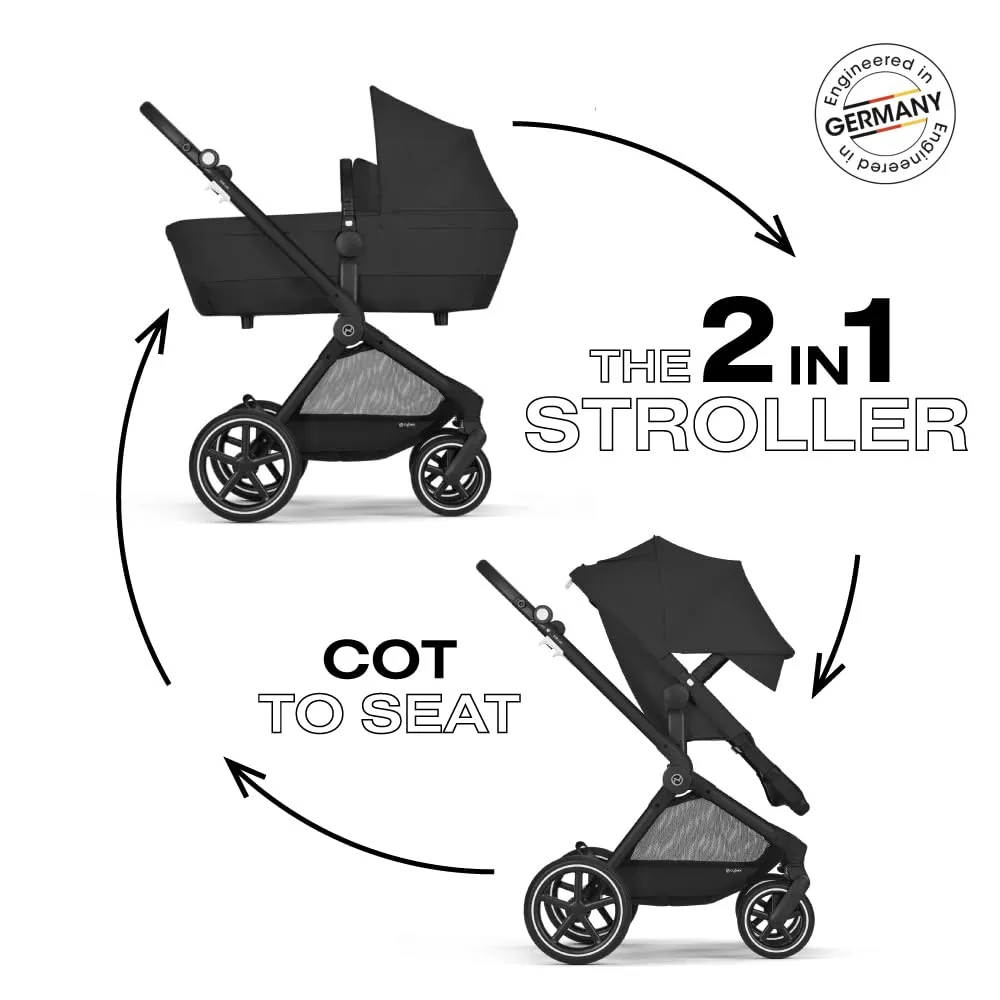 Cybex EOS 2-in-1 Stroller - Bassinet Stroller Converts to Toddler Stroller with One-Hand Recline - Bassinet and Toddler Seat Included, Reversible & Travel System Ready, Moon Black