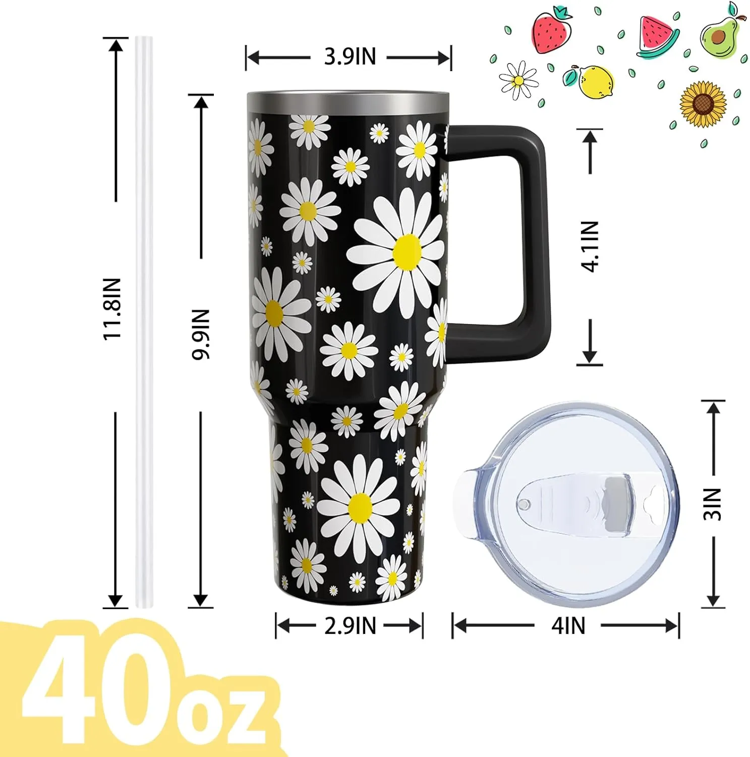 Daisy Gifts 40 Oz Tumbler with Handle and Lid Straw, Black flower Stainless Steel Double Walled Vacuum Insulated Cup Mug, Floral Lover Birthday Gifts for Women Girls (1 PC)