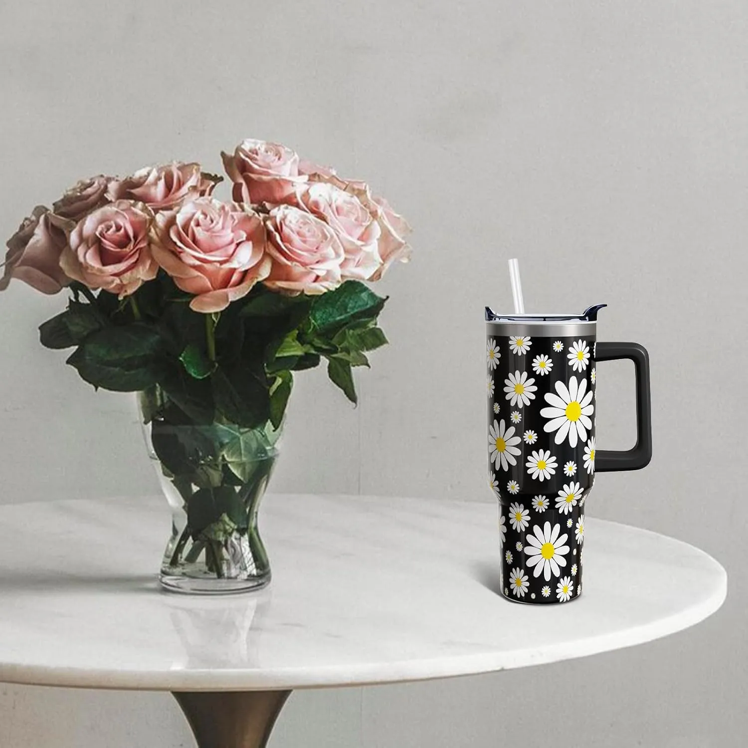 Daisy Gifts 40 Oz Tumbler with Handle and Lid Straw, Black flower Stainless Steel Double Walled Vacuum Insulated Cup Mug, Floral Lover Birthday Gifts for Women Girls (1 PC)