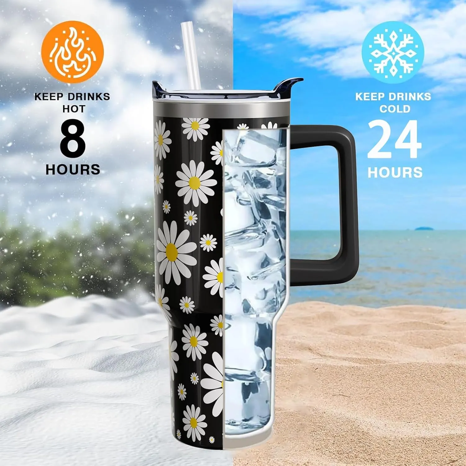 Daisy Gifts 40 Oz Tumbler with Handle and Lid Straw, Black flower Stainless Steel Double Walled Vacuum Insulated Cup Mug, Floral Lover Birthday Gifts for Women Girls (1 PC)