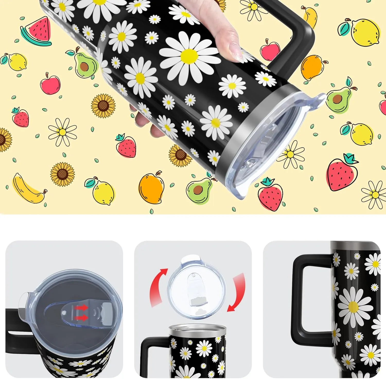 Daisy Gifts 40 Oz Tumbler with Handle and Lid Straw, Black flower Stainless Steel Double Walled Vacuum Insulated Cup Mug, Floral Lover Birthday Gifts for Women Girls (1 PC)