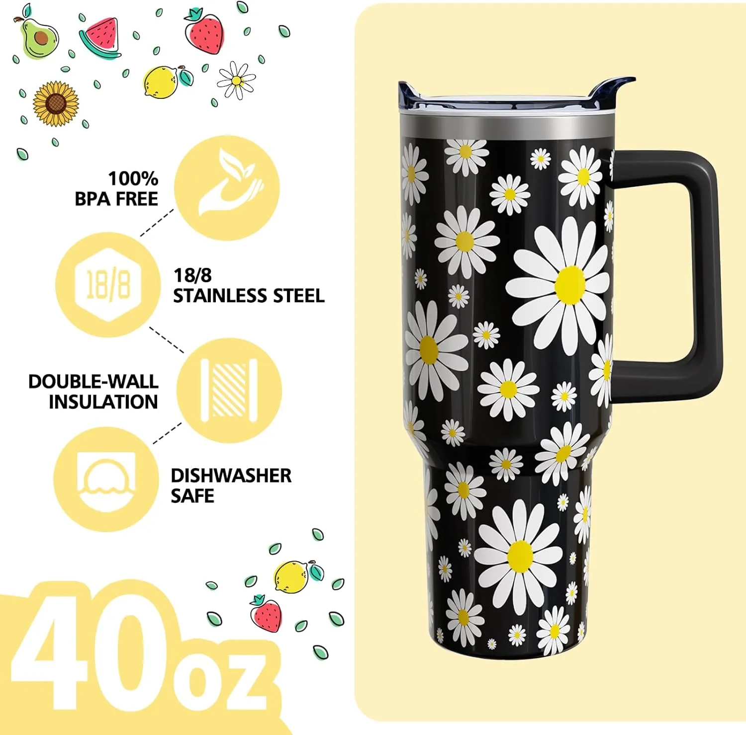 Daisy Gifts 40 Oz Tumbler with Handle and Lid Straw, Black flower Stainless Steel Double Walled Vacuum Insulated Cup Mug, Floral Lover Birthday Gifts for Women Girls (1 PC)