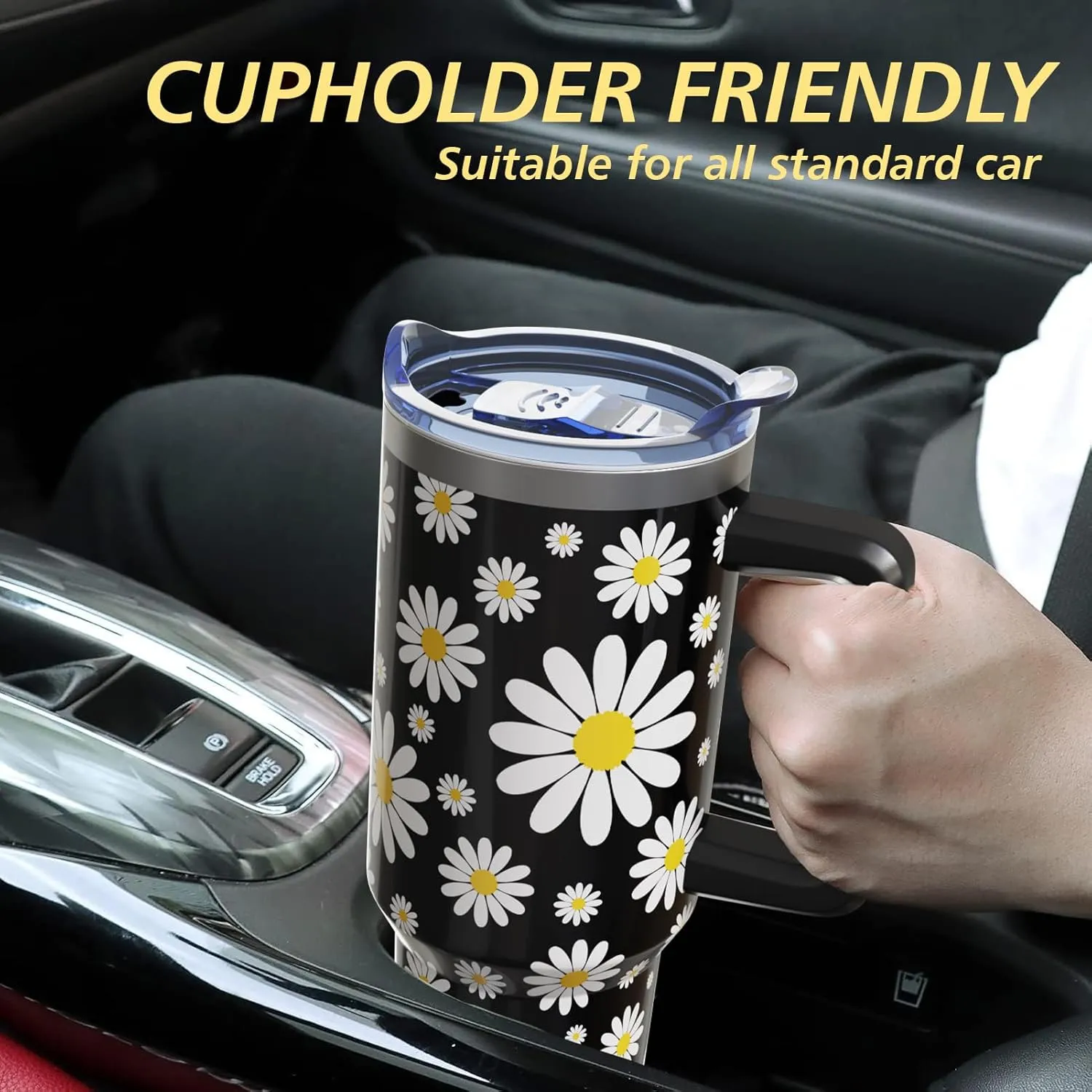 Daisy Gifts 40 Oz Tumbler with Handle and Lid Straw, Black flower Stainless Steel Double Walled Vacuum Insulated Cup Mug, Floral Lover Birthday Gifts for Women Girls (1 PC)