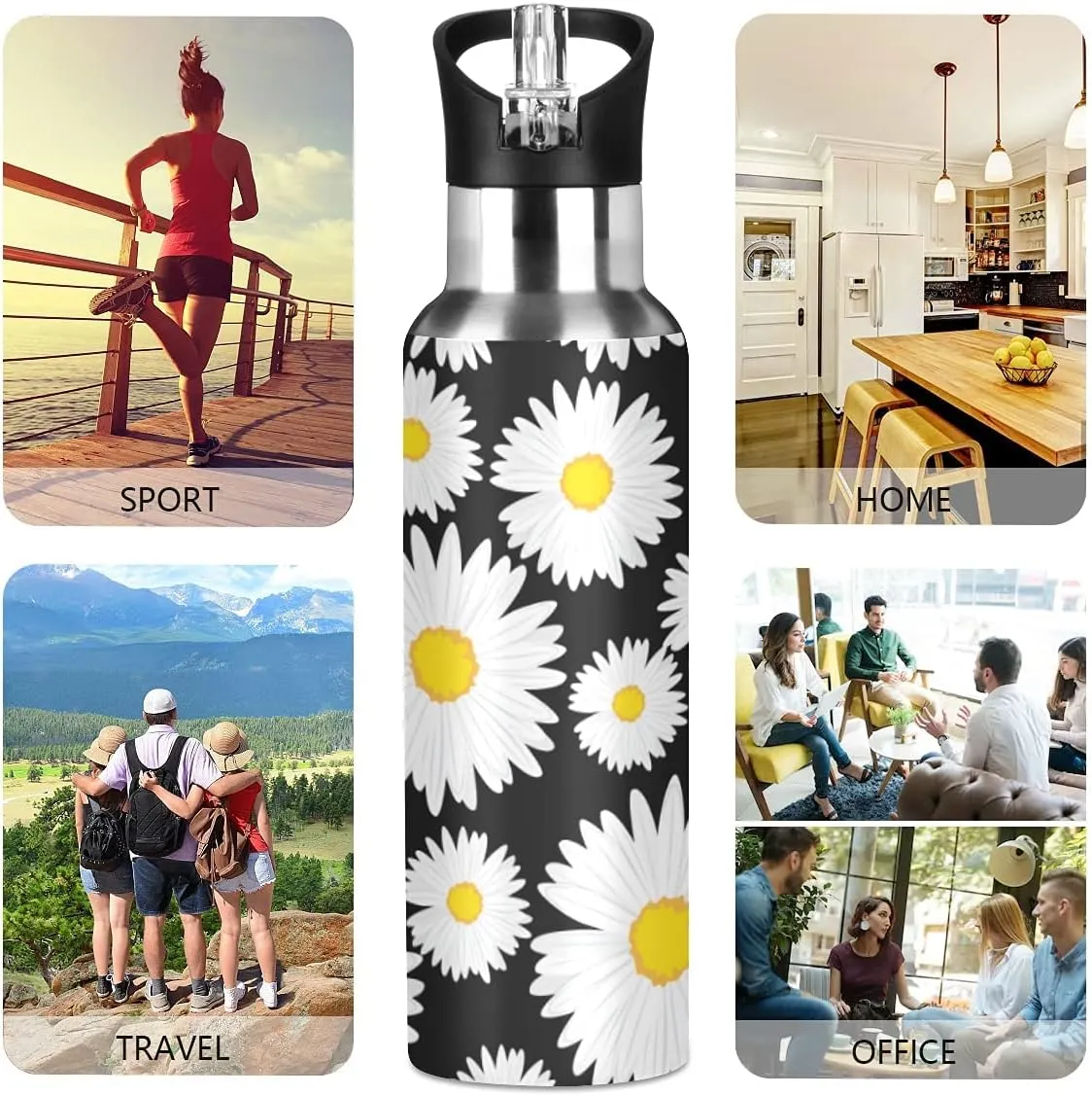 Daisy Water Bottle Daisies Black White Water Bottle Kids Bottle with Straw Lid Kids Insulated Stainless Steel Water Flask Leakproof Bottle 20 oz