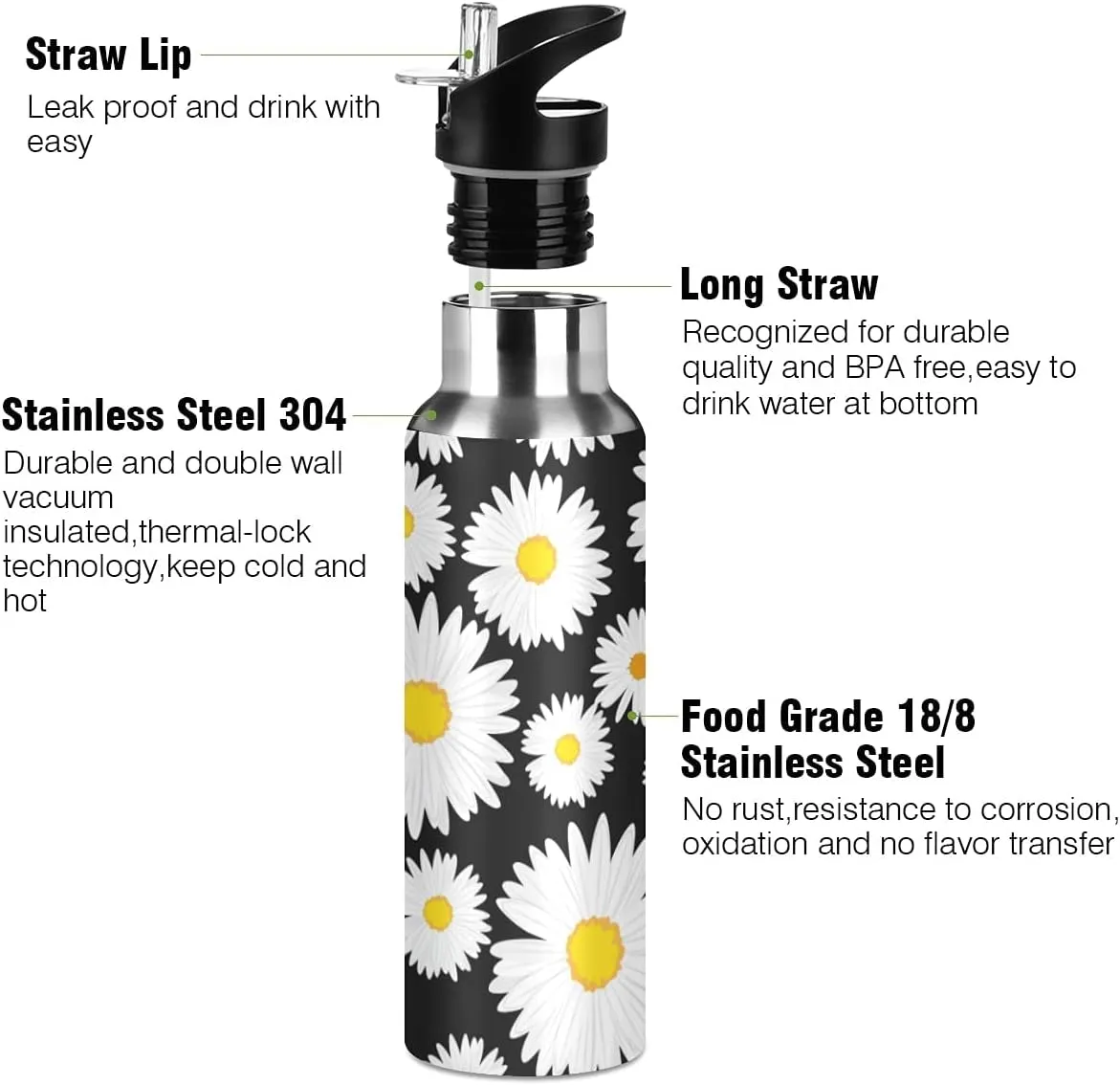 Daisy Water Bottle Daisies Black White Water Bottle Kids Bottle with Straw Lid Kids Insulated Stainless Steel Water Flask Leakproof Bottle 20 oz