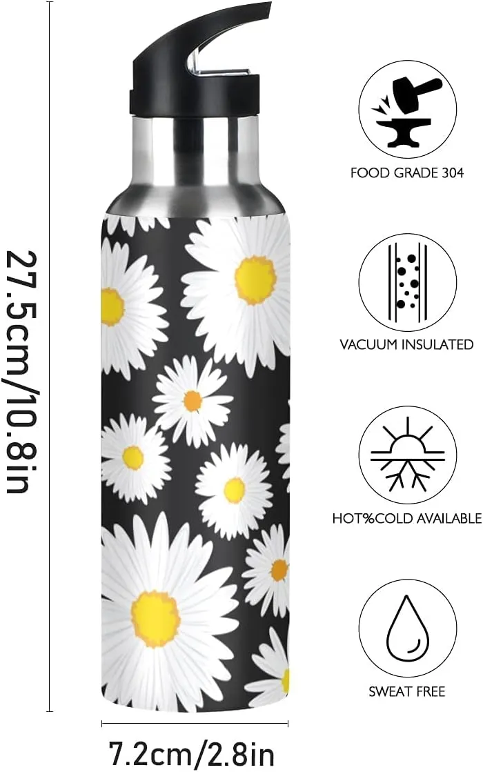 Daisy Water Bottle Daisies Black White Water Bottle Kids Bottle with Straw Lid Kids Insulated Stainless Steel Water Flask Leakproof Bottle 20 oz