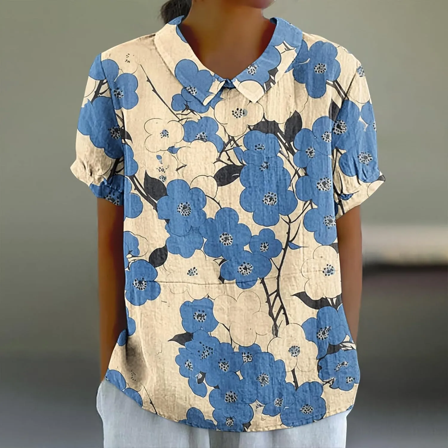 DASAYO Cute Tops for Women Peter Pan Collar Short Sleeve Linen Shirts Plus Size Floral Blouses Dressy Casual Summer Clothes
