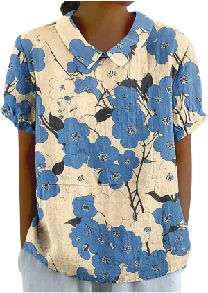 DASAYO Cute Tops for Women Peter Pan Collar Short Sleeve Linen Shirts Plus Size Floral Blouses Dressy Casual Summer Clothes