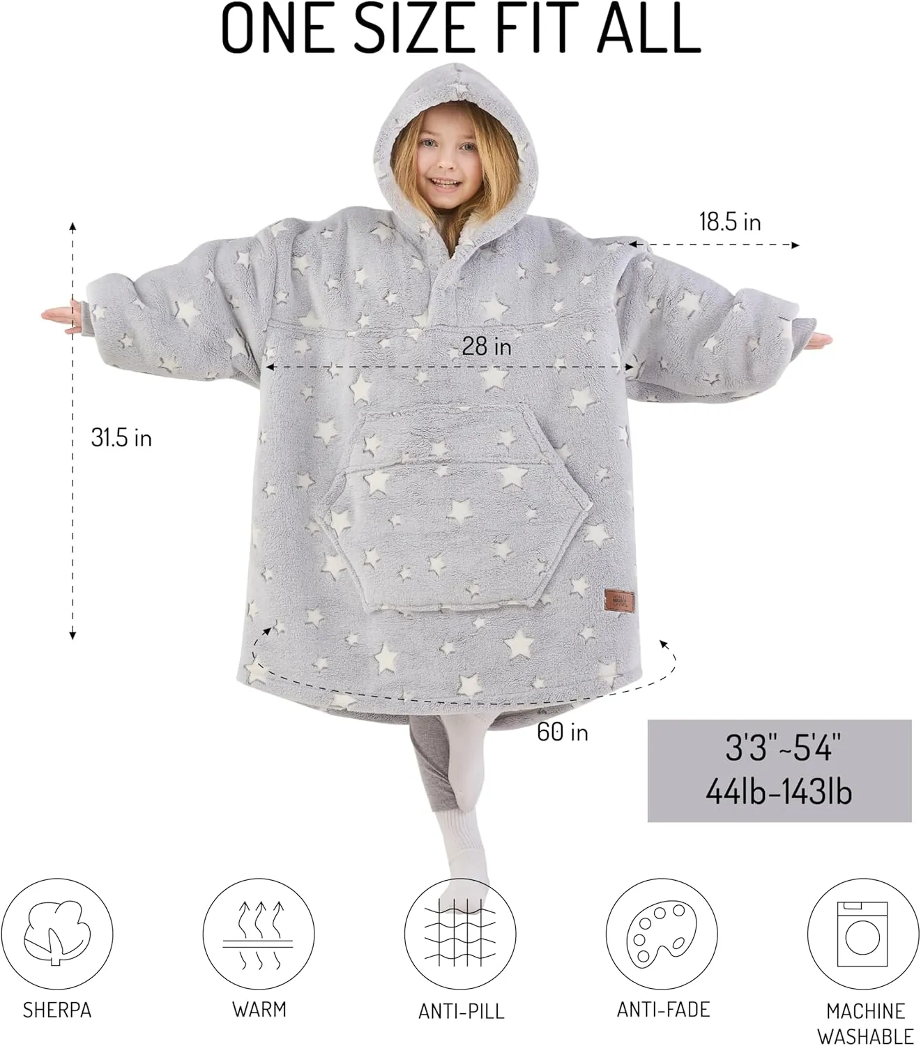 Degrees of Comfort Wearable Blanket Hoodie for Kids Teens, 6-13 YR Girls Boys, Soft & Cozy Sherpa