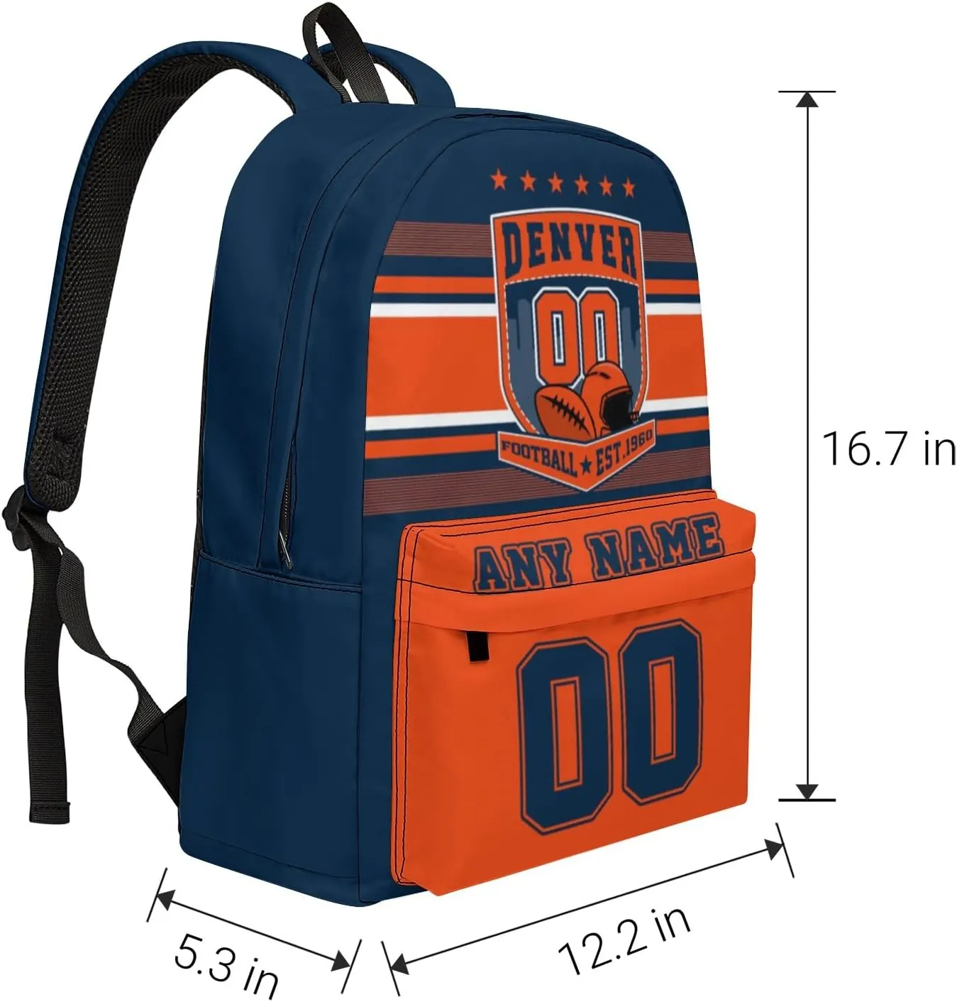 Denver Backpack Custom Name Number 17Inch Large Capacity Shoulder Travel Bag Personalized Laptop Bag Fans Gift for Boy Girl Men Women