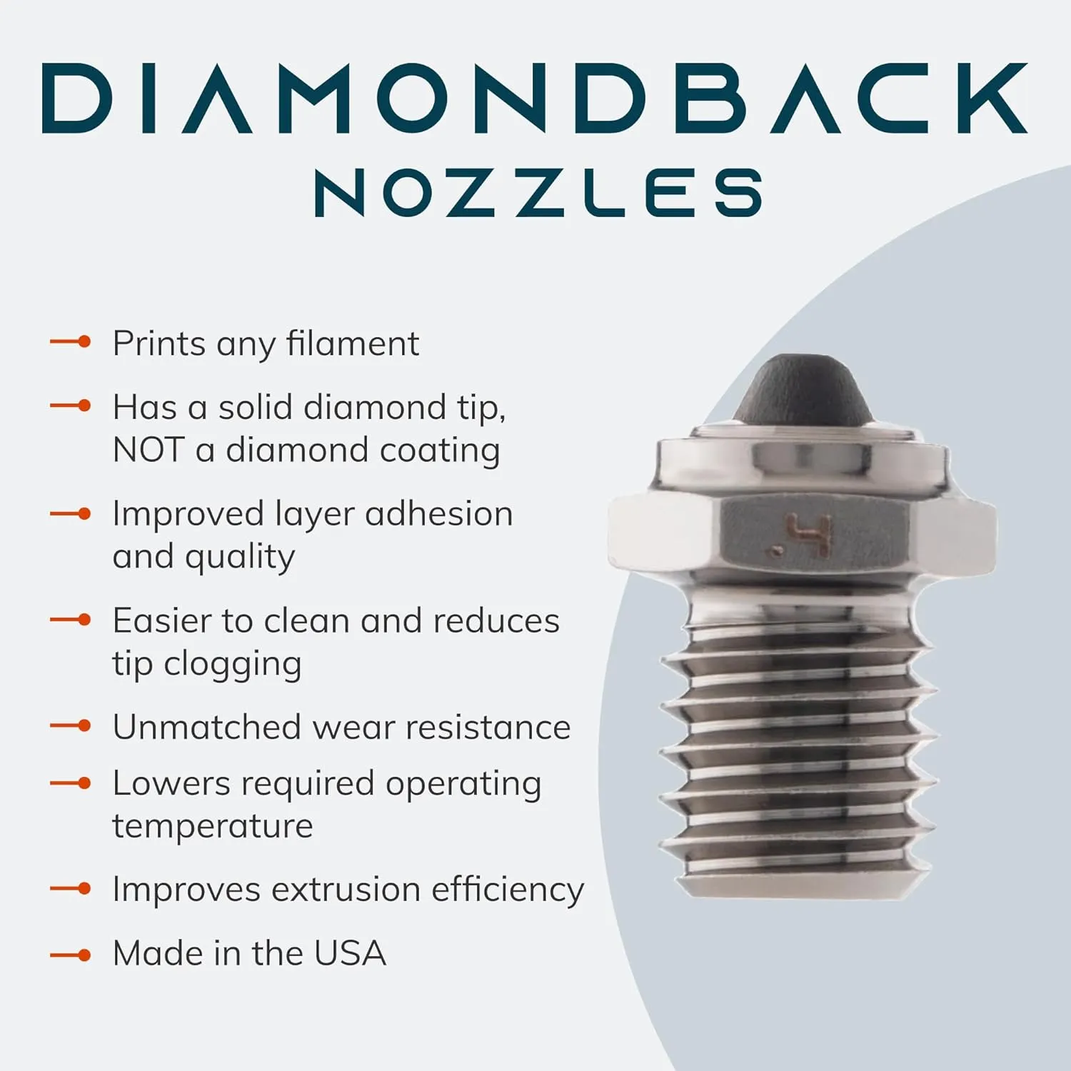 Diamondback Nozzles – MAKO/FIN Compatible – Polycrystalline Solid Diamond Tip 3D Printer Nozzles, Improved Extrusion, Any Filament, Long Life, Wear Resistant, Layer Adhesion, USA Made (0.4mm)