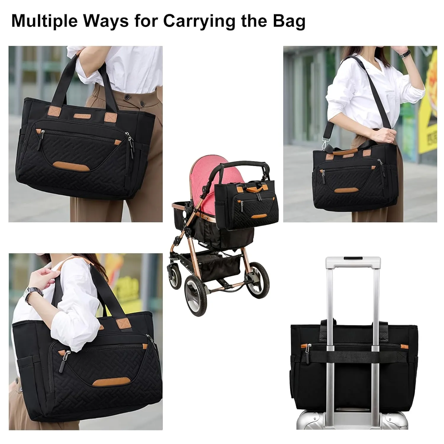Diaper Bag Tote for Women, Large Travel Diaper Tote with 16 Inch Laptop Compartment, Crossbody Toddler Diaper Bag for Mom (Black)