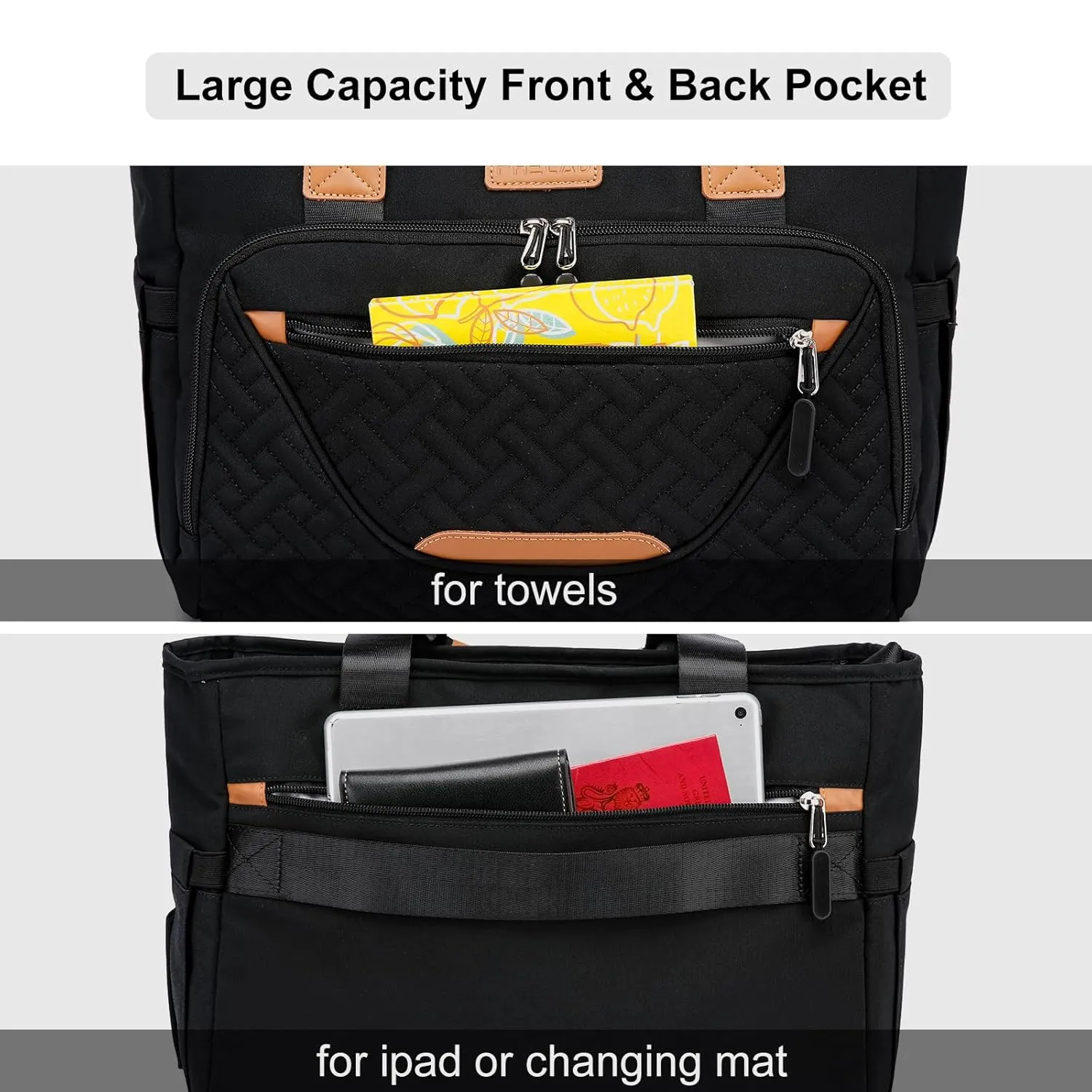 Diaper Bag Tote for Women, Large Travel Diaper Tote with 16 Inch Laptop Compartment, Crossbody Toddler Diaper Bag for Mom (Black)