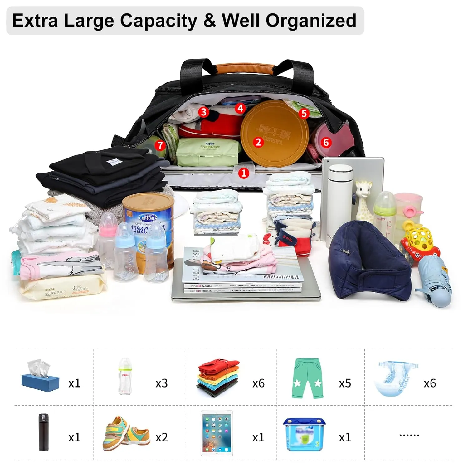Diaper Bag Tote for Women, Large Travel Diaper Tote with 16 Inch Laptop Compartment, Crossbody Toddler Diaper Bag for Mom (Black)
