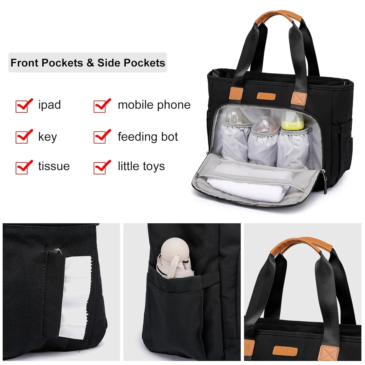 Diaper Bag Tote for Women, Large Travel Diaper Tote with 16 Inch Laptop Compartment, Crossbody Toddler Diaper Bag for Mom (Black)