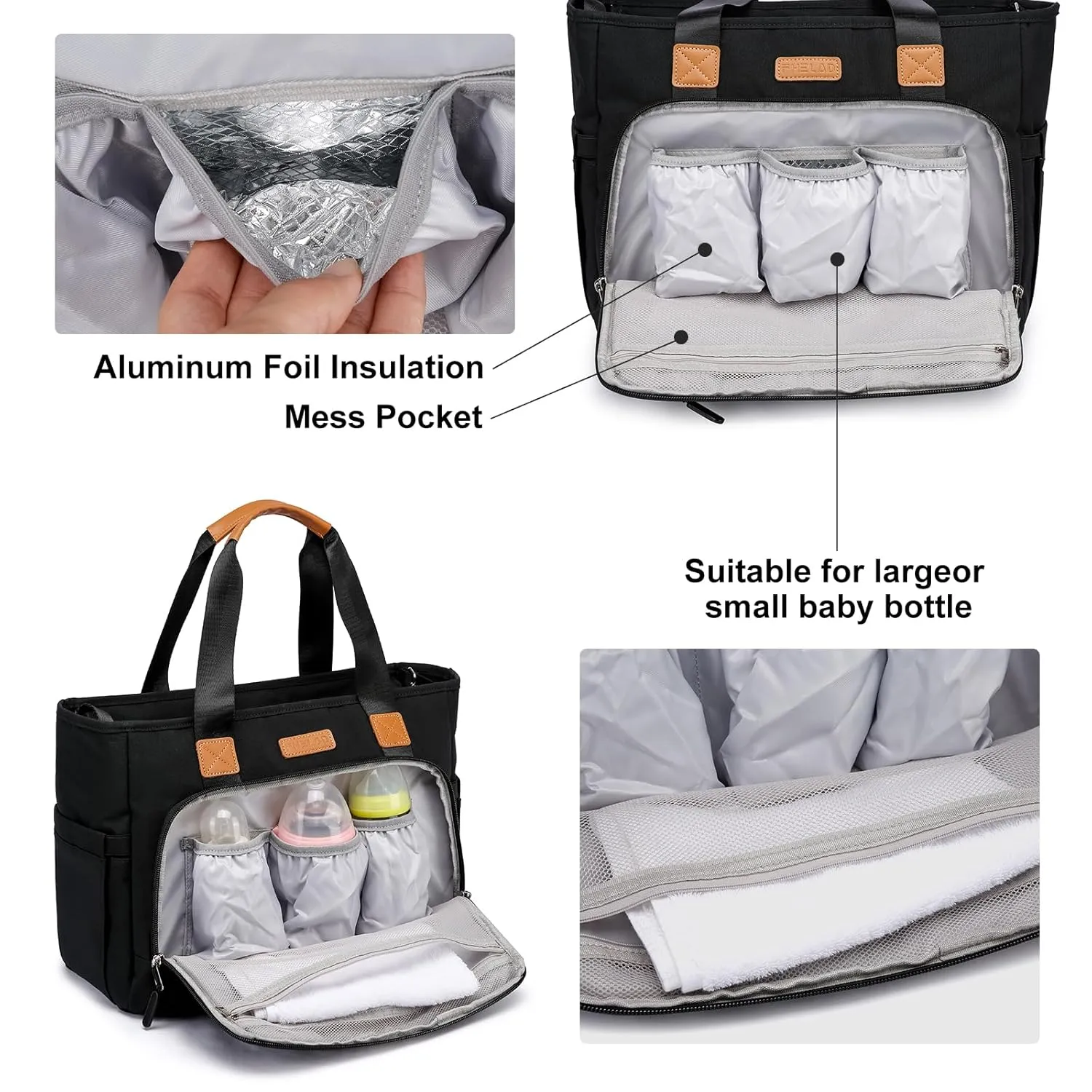Diaper Bag Tote for Women, Large Travel Diaper Tote with 16 Inch Laptop Compartment, Crossbody Toddler Diaper Bag for Mom (Black)