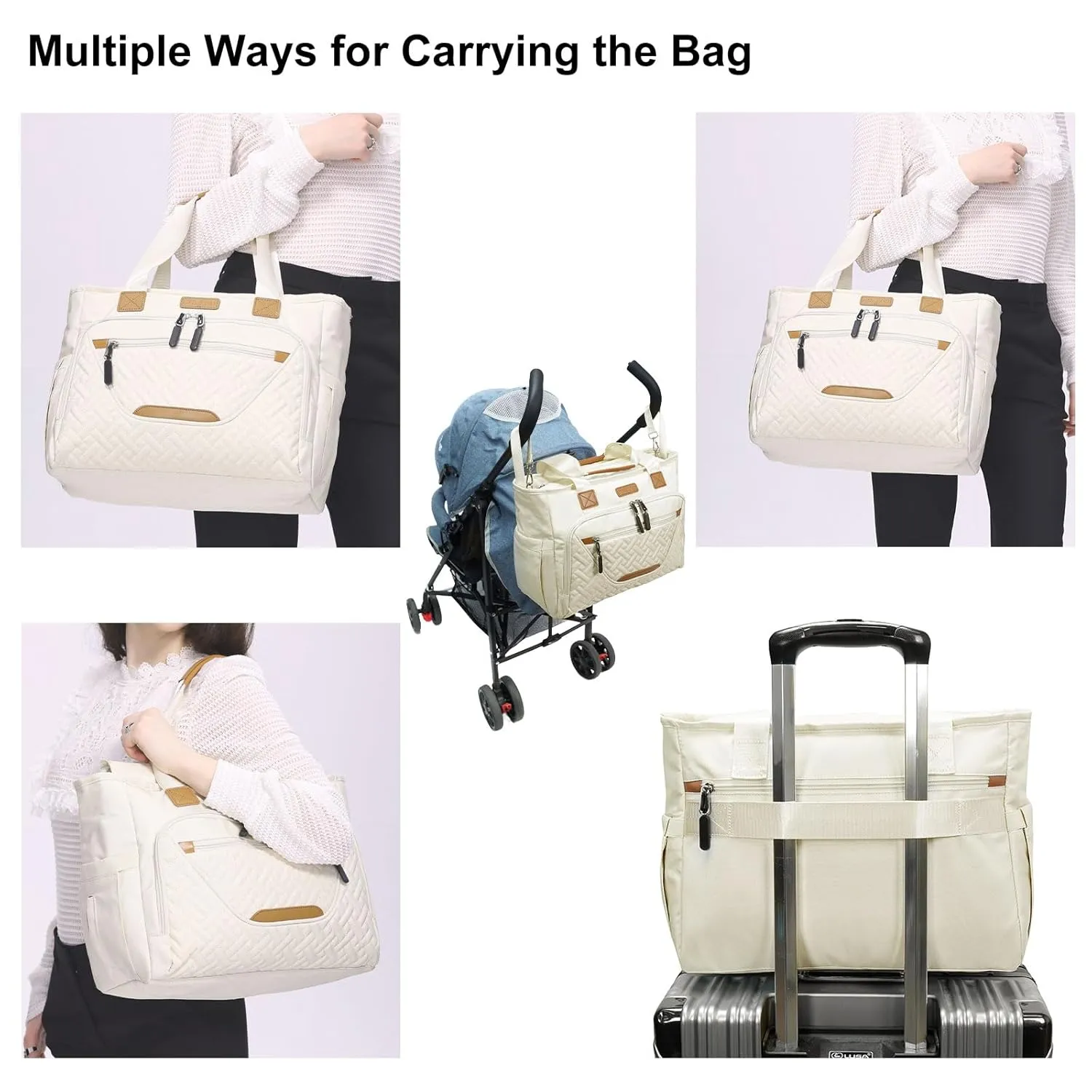 Diaper Bag Tote, Travel Diaper Tote with 16 Inch Laptop Compartment for Mom, Dry and Wet Compartment Messenger Baby Bag Waterproof (Beige)