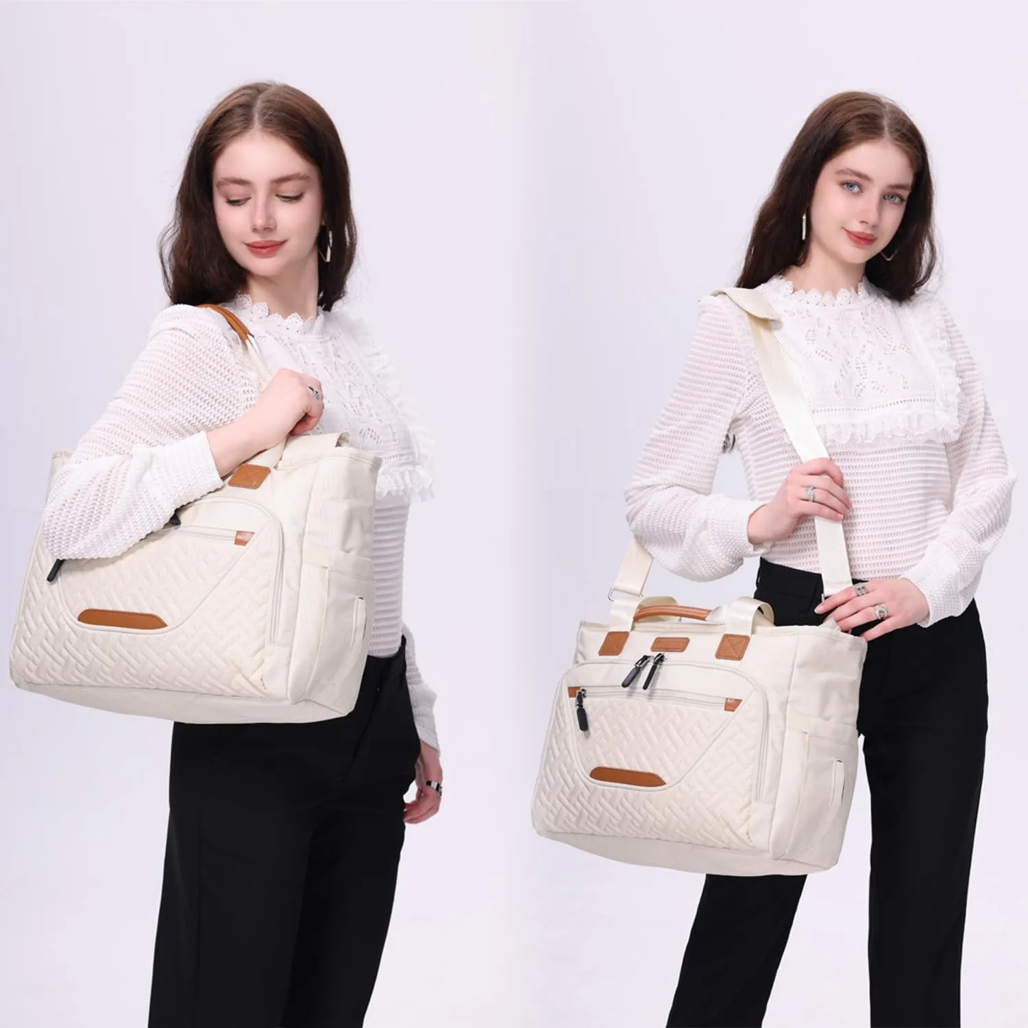 Diaper Bag Tote, Travel Diaper Tote with 16 Inch Laptop Compartment for Mom, Dry and Wet Compartment Messenger Baby Bag Waterproof (Beige)