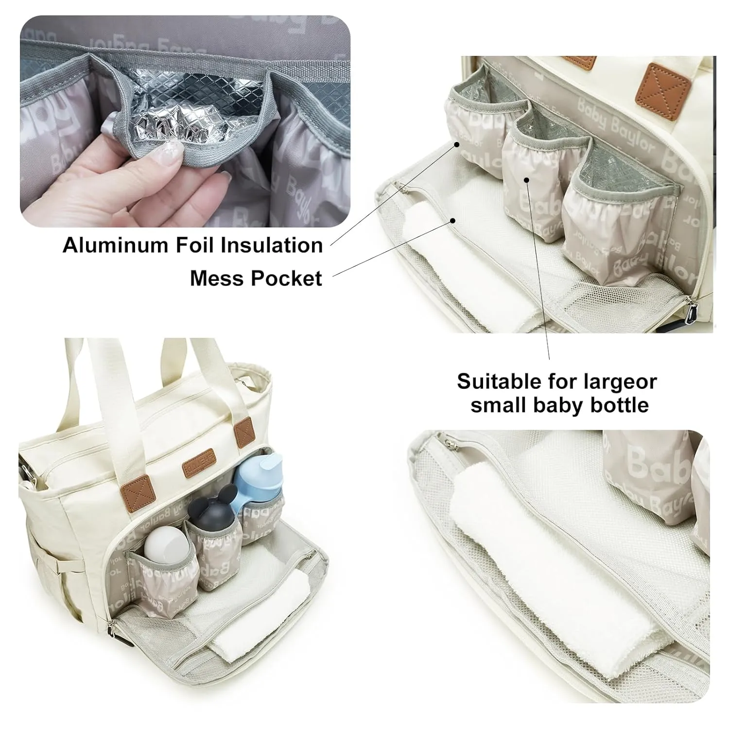 Diaper Bag Tote, Travel Diaper Tote with 16 Inch Laptop Compartment for Mom, Dry and Wet Compartment Messenger Baby Bag Waterproof (Beige)