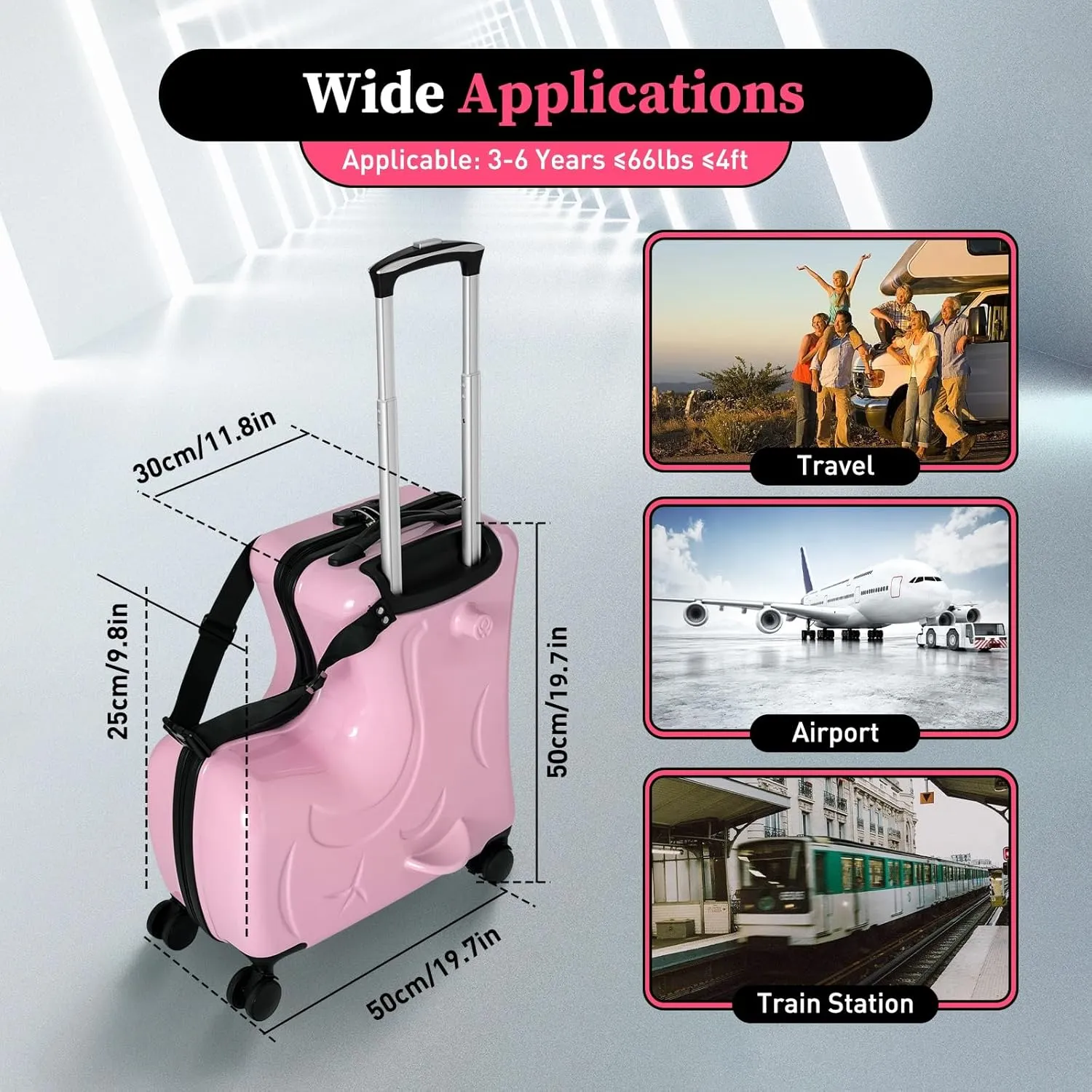 DNYSYSJ 20 Inch Children's Ride On Trolley , Portable Universal Wheel Carry On Luggage, Waterproof Unisex Boys Girls Travel Suitcase With Lock, ABS PC (Pink)